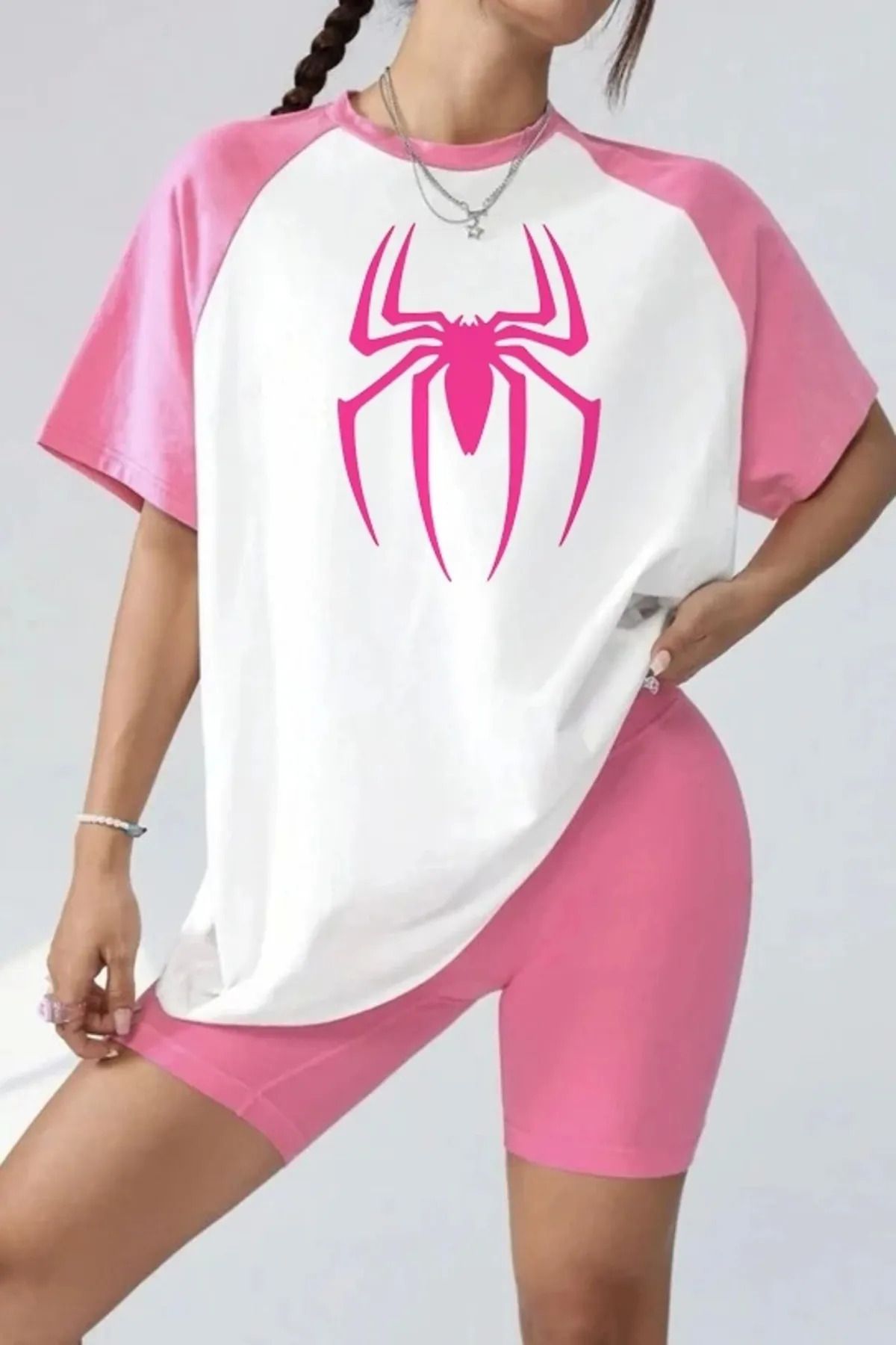 Gofeel Pembe Beyaz Reglan Kollu Spider Man T-shirt