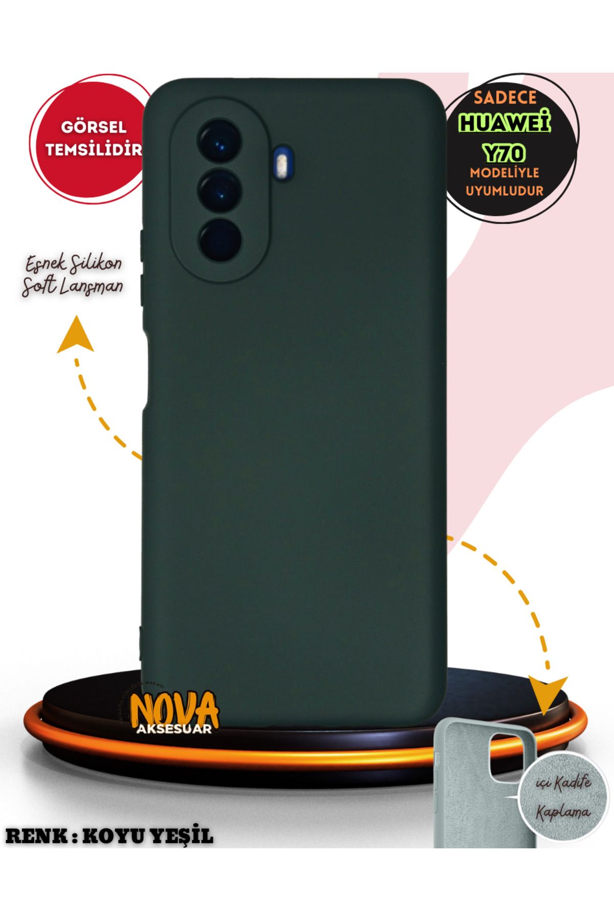 cepmoda Huawei Nova Y70 kılıf - Soft Dokulu içi Kadife Lansman Kapak v7 |  KOYU YEŞİL