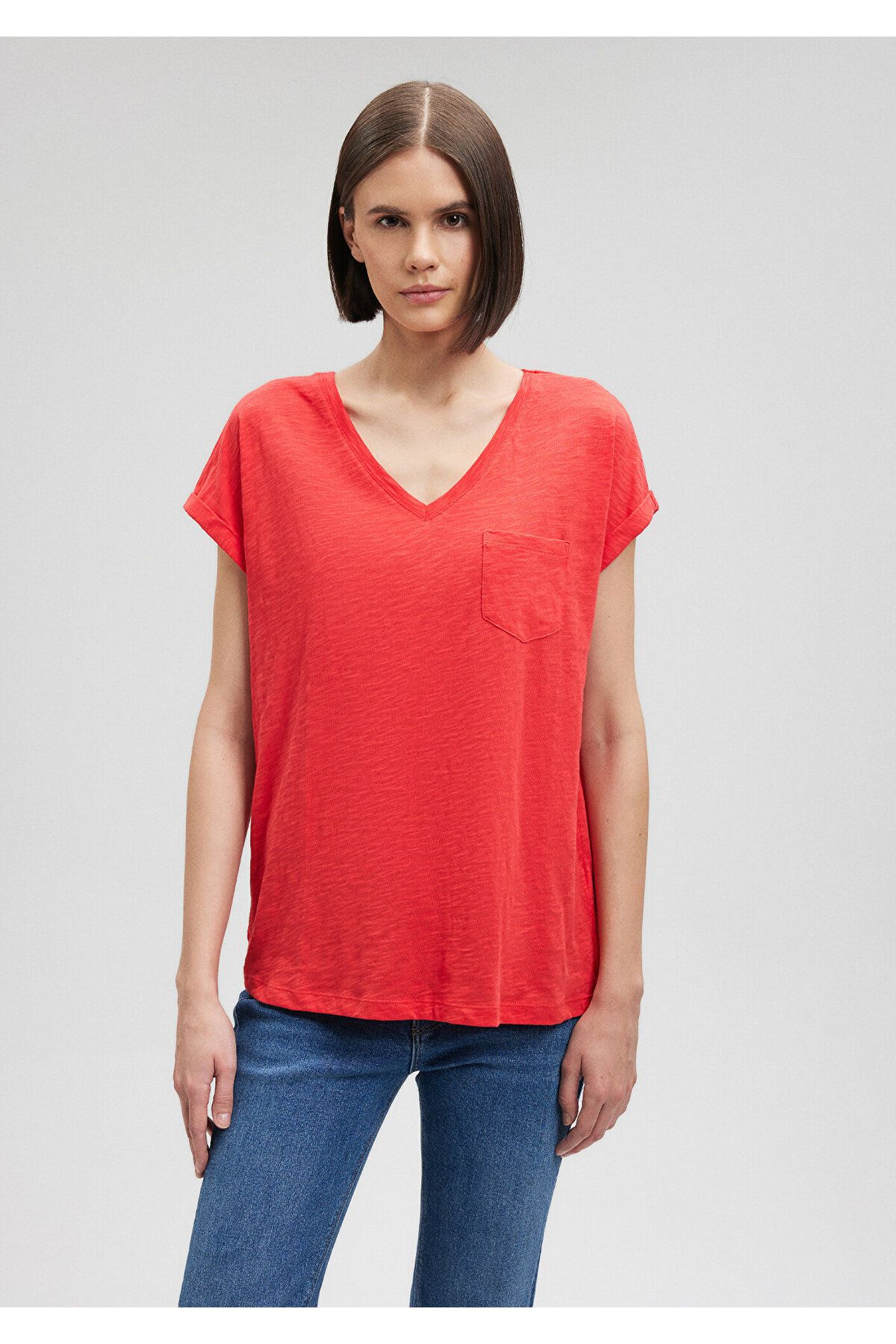 Mavi-V-Neck Red Basic T-Shirt Loose Fit / Loose Relaxed Fit1600961-71083 3