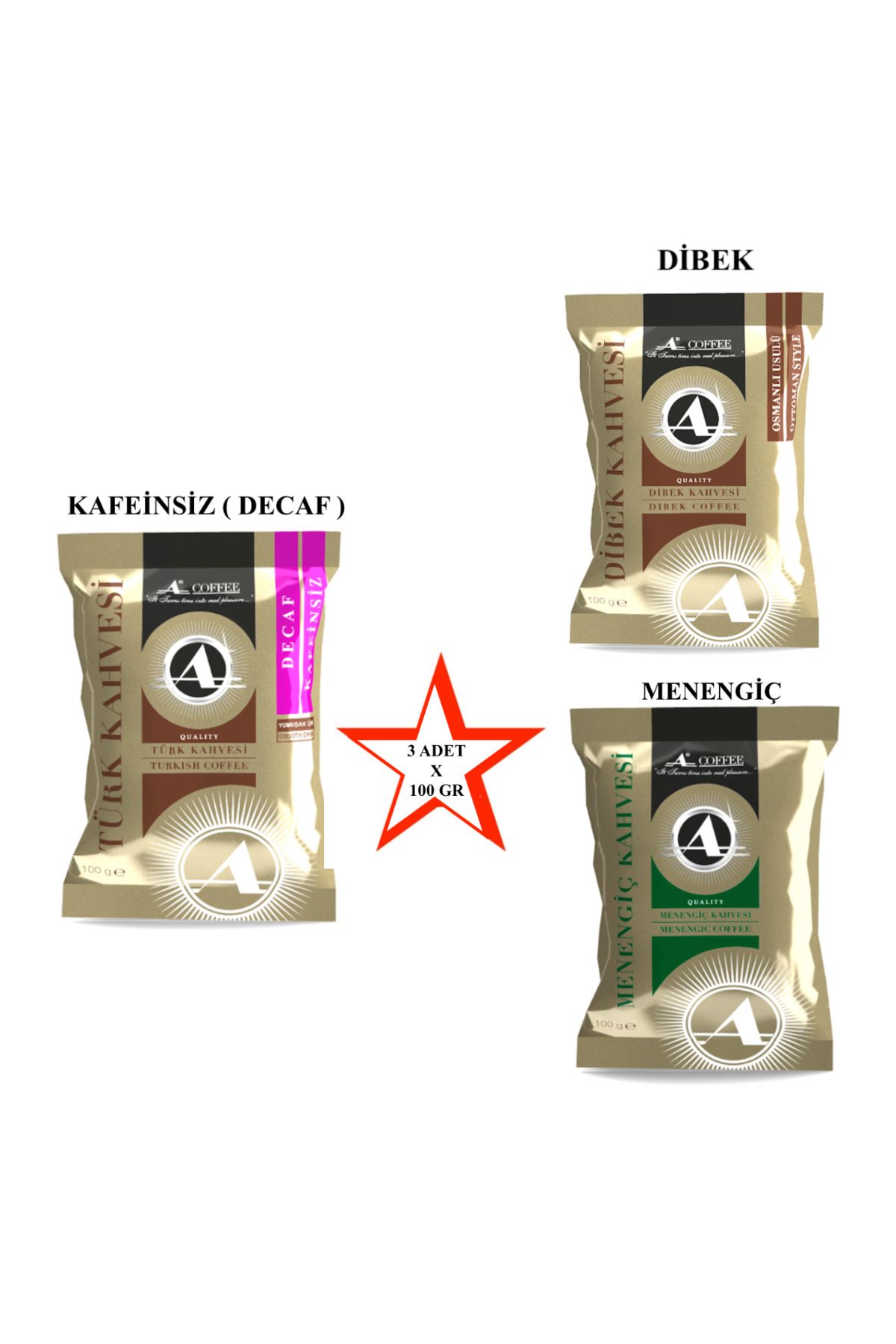 A Coffee Kafeinsiz Türk Kahvesi + Dibek Kahvesi + Menengiç Kahvesi ( Tanıtım Özel Fiyat ) 100 gr X 3 Adet