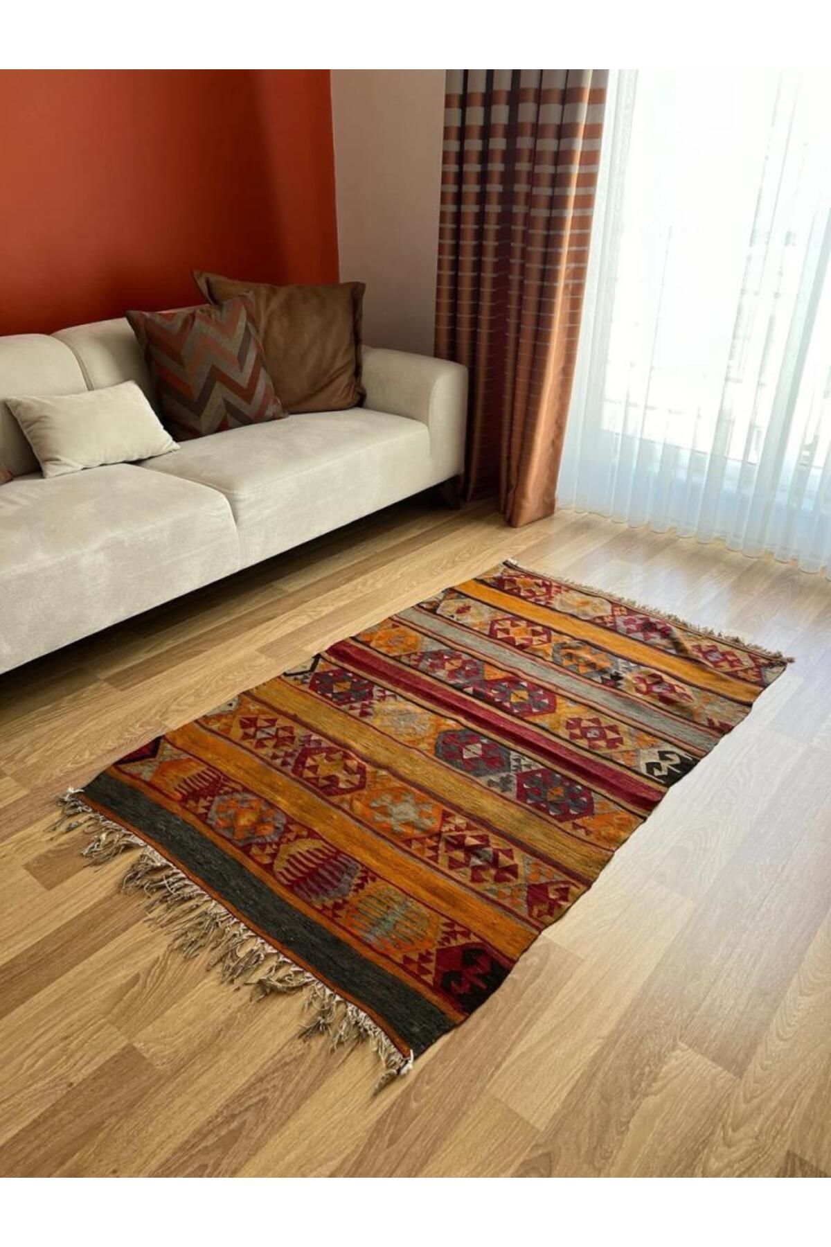 DesignEv 100x162cm El Dokuma Turuncu Kilim, Akrep Motifli, Bohem Stili Renkli Zemin Halısı, Dekoratif Vintage