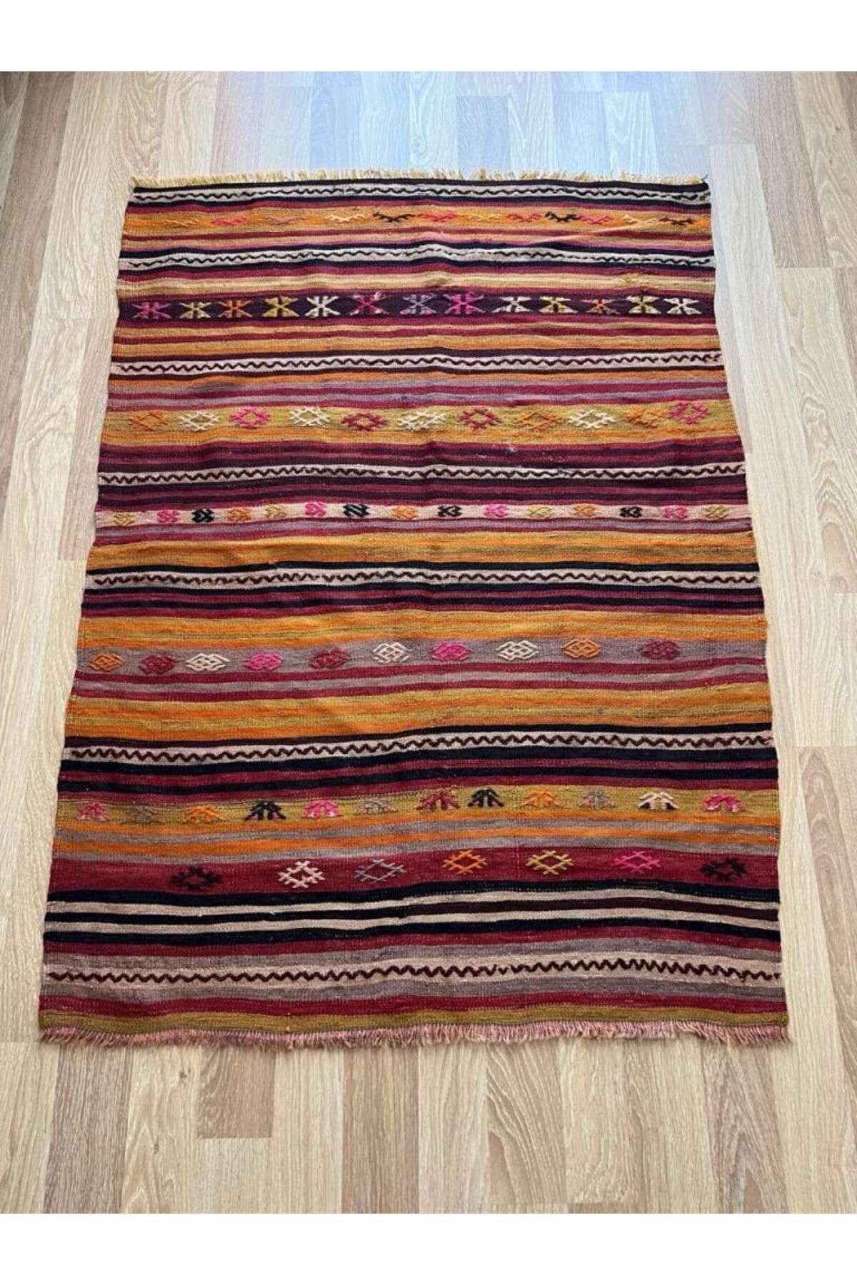 DesignEv 150x105 cm El Dokuma Bohem Türk Kilim Halı, Geometrik ve Çizgili Desenli, Nadir Vintage Kilim, Ev De