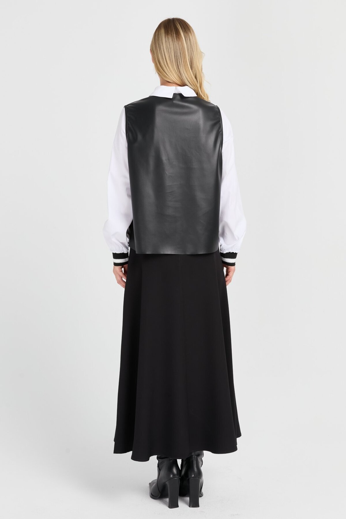 Esswaap-Black Leather Suede Shirt and Skirt Set 6