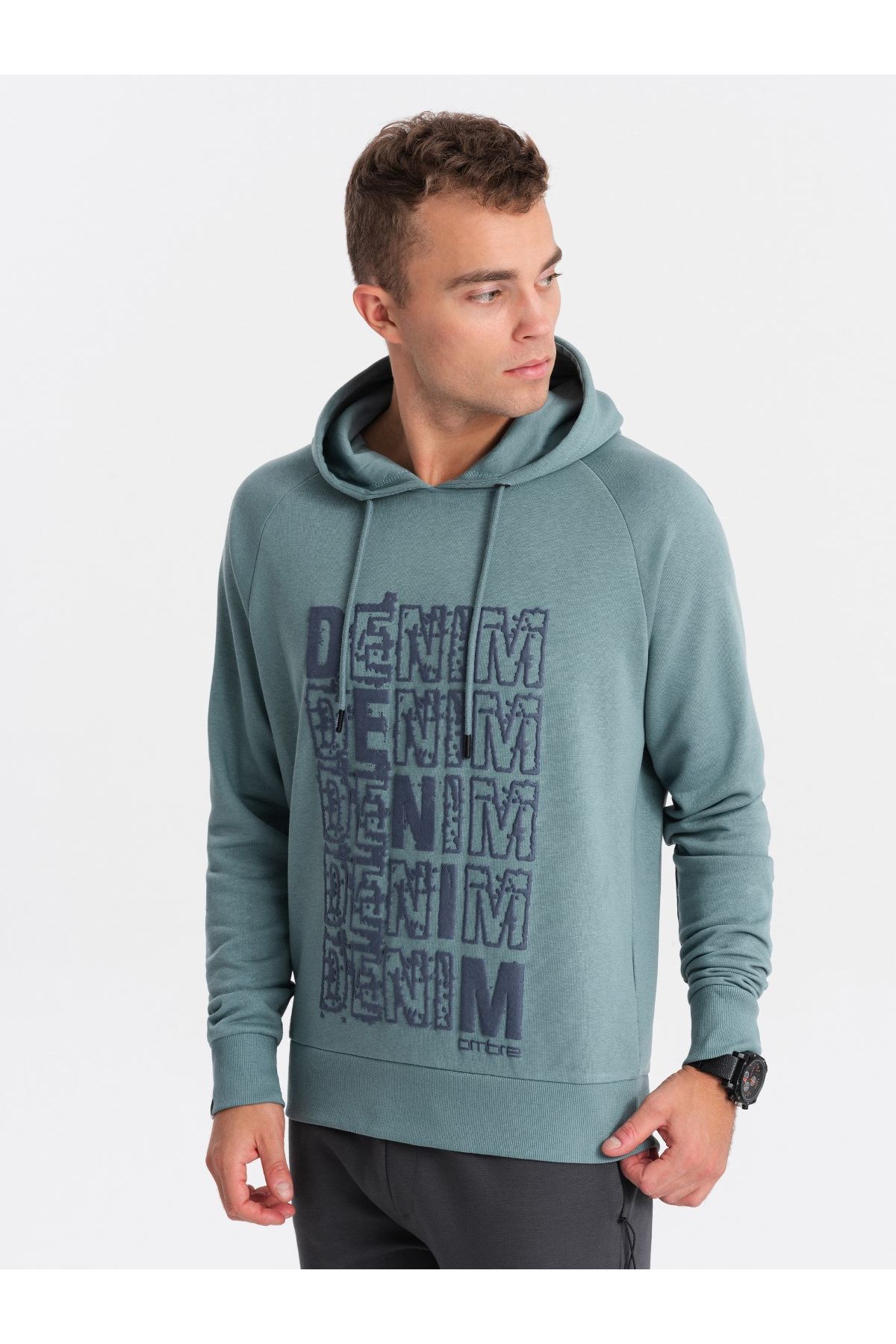 OMBRE-Men's non-stretch kangaroo sweatshirt with hood and print - turquoise V2 OM-SSPS-0158 L 3