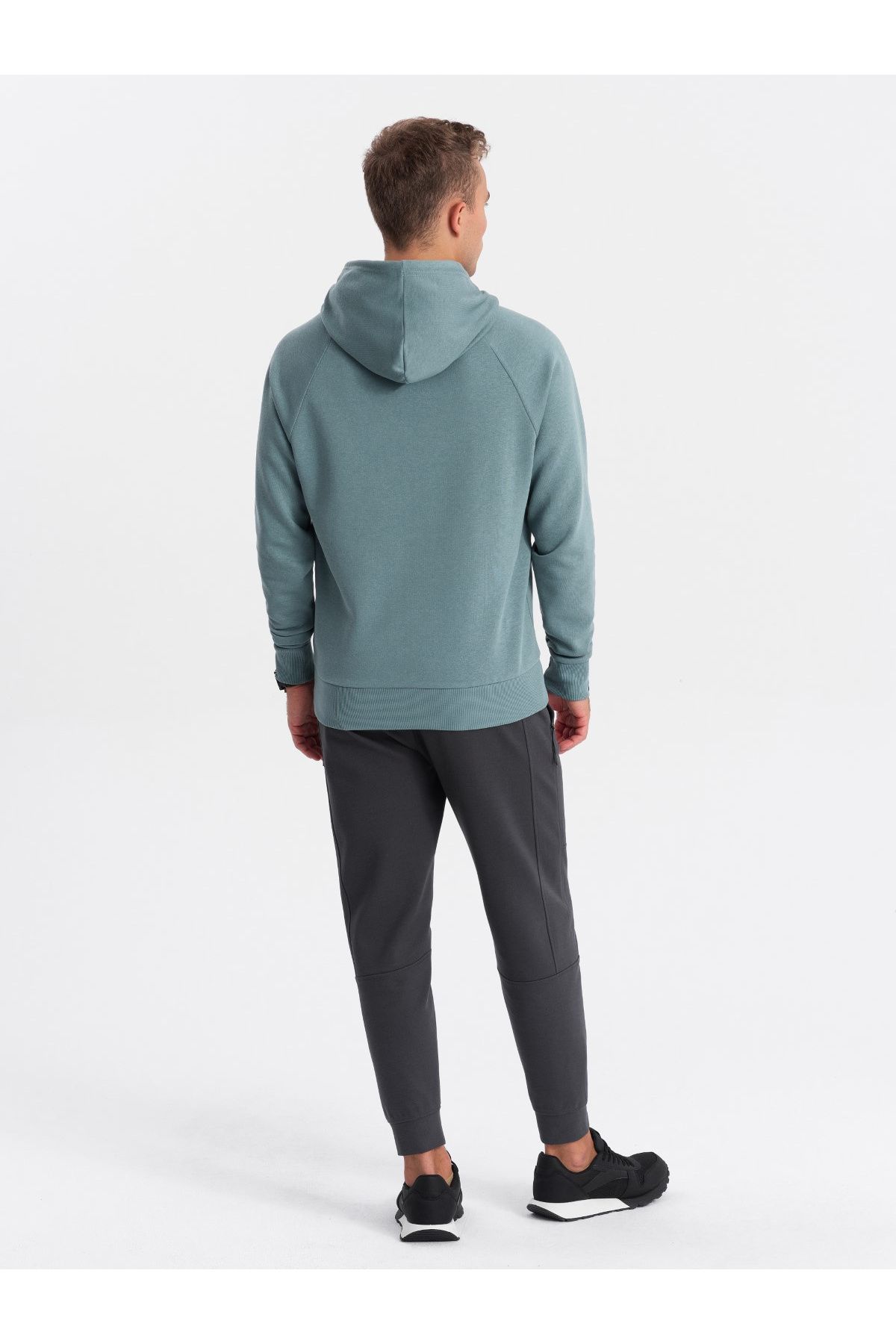 OMBRE-Men's non-stretch kangaroo sweatshirt with hood and print - turquoise V2 OM-SSPS-0158 L 6