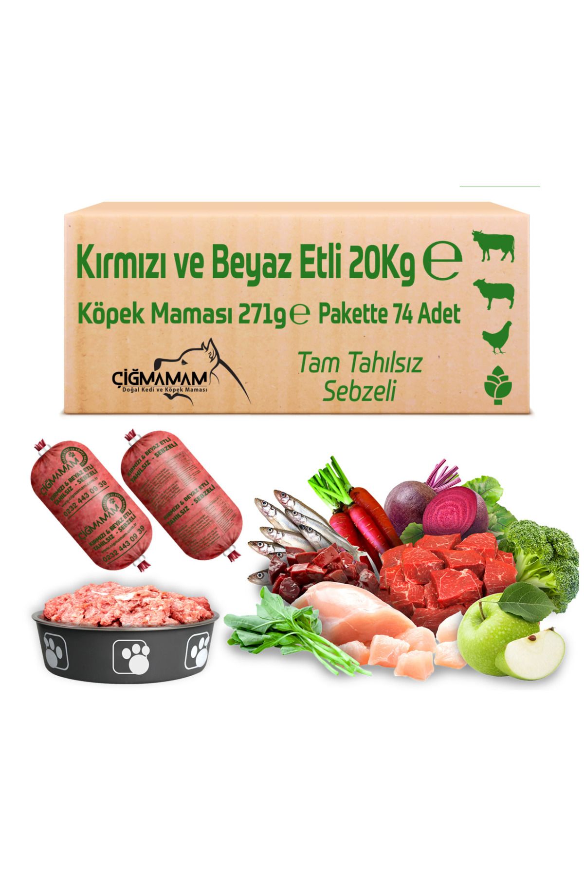 Çiğmamam Doğal Kedi ve Köpek Maması Barf Kırmızı ve Beyaz Etli Tahılsız Sebzeli 20 Kg 271 Gr 74 Adet Köpek Maması