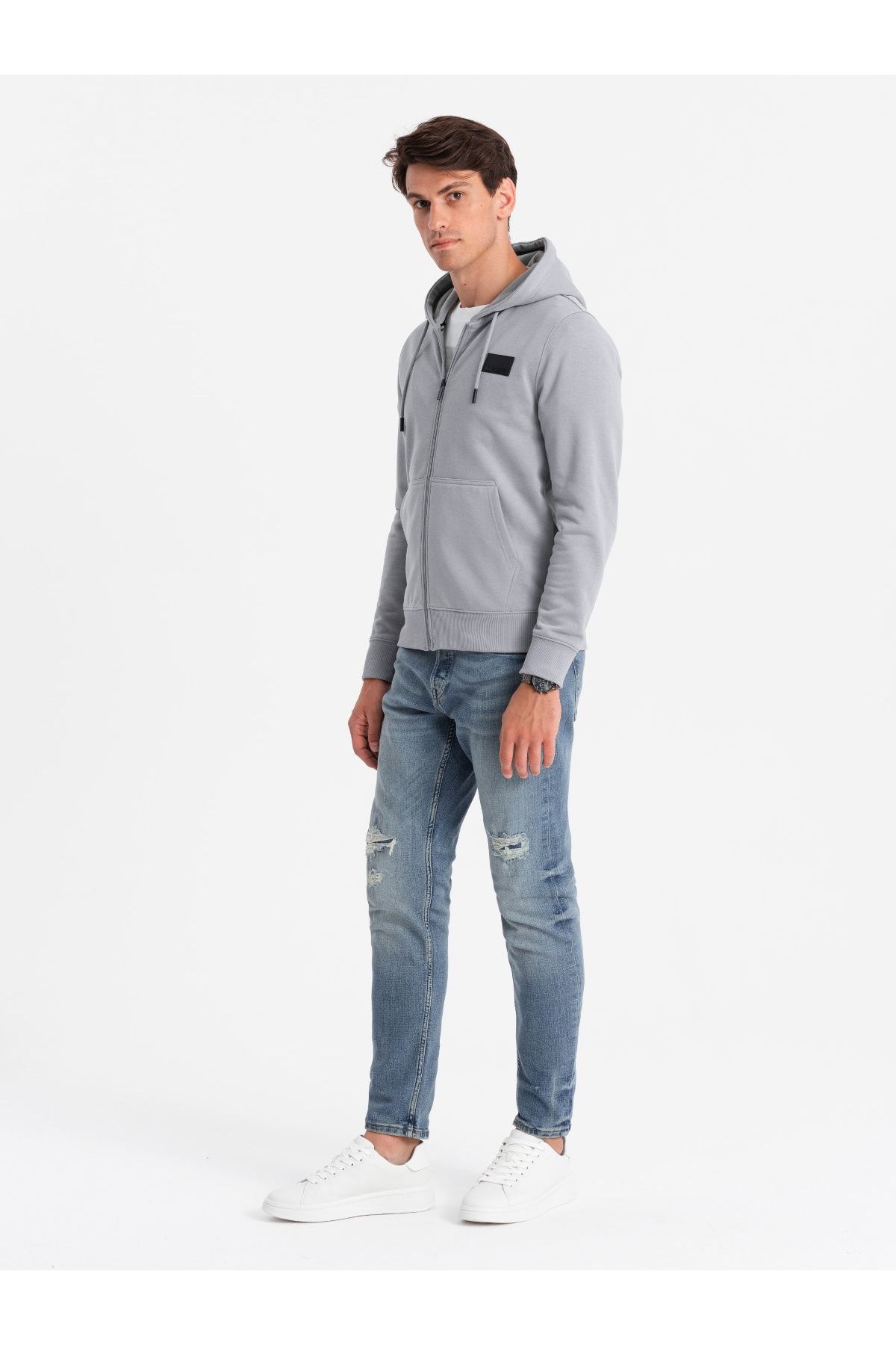 OMBRE-Aufgeknöpftes Herren-Sweatshirt mit Kapuze und Patch - grau V1 OM-SSZP-0140 XXL 4