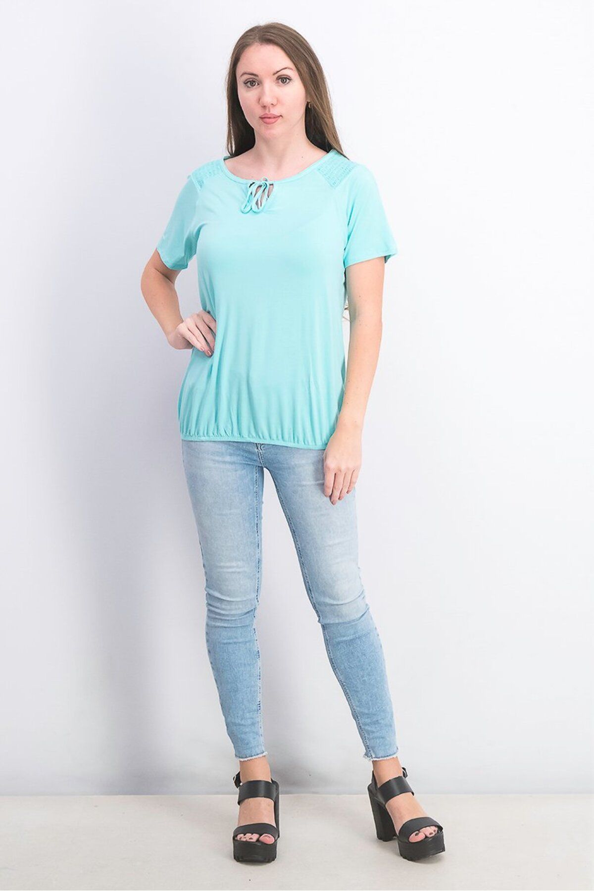 Tchibo-Women Boat Neck Plain Short Sleeve Blouse, Aqua 4