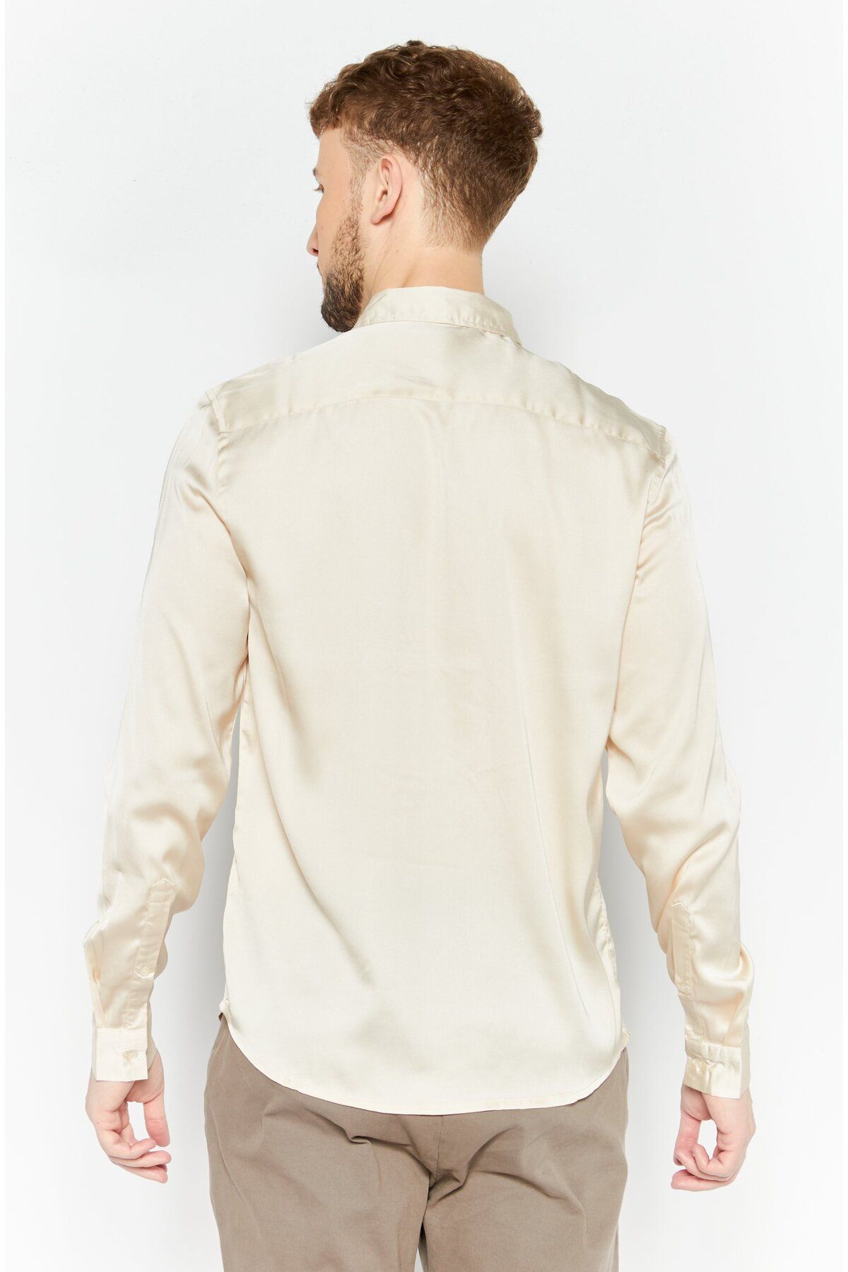 Asos Design-Men Regular Fit Long Sleeve Plain Casual Shirt, Beige 3
