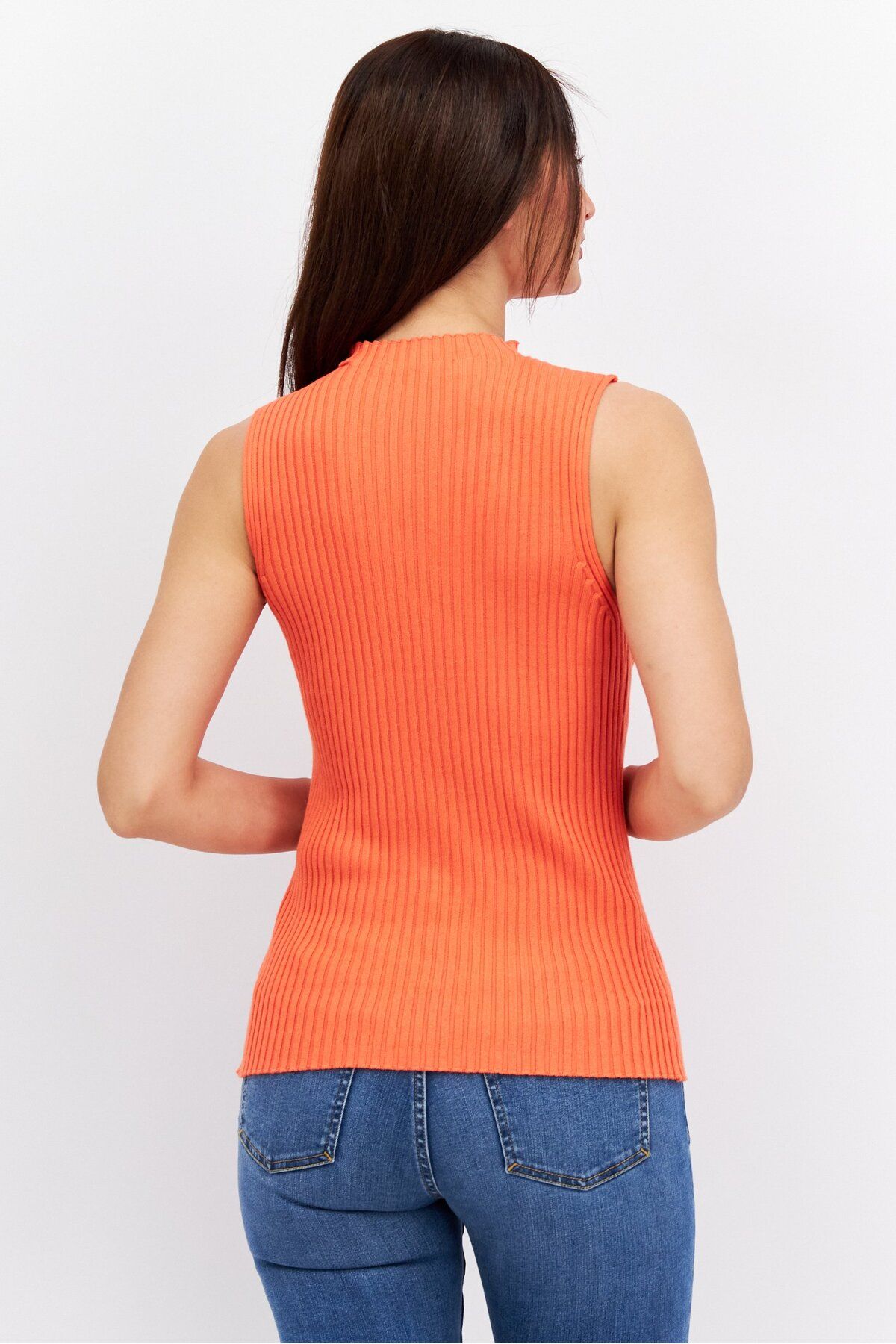 Esprit-Women Mock Neck Sleeveless Ribbed Top, Orange 2