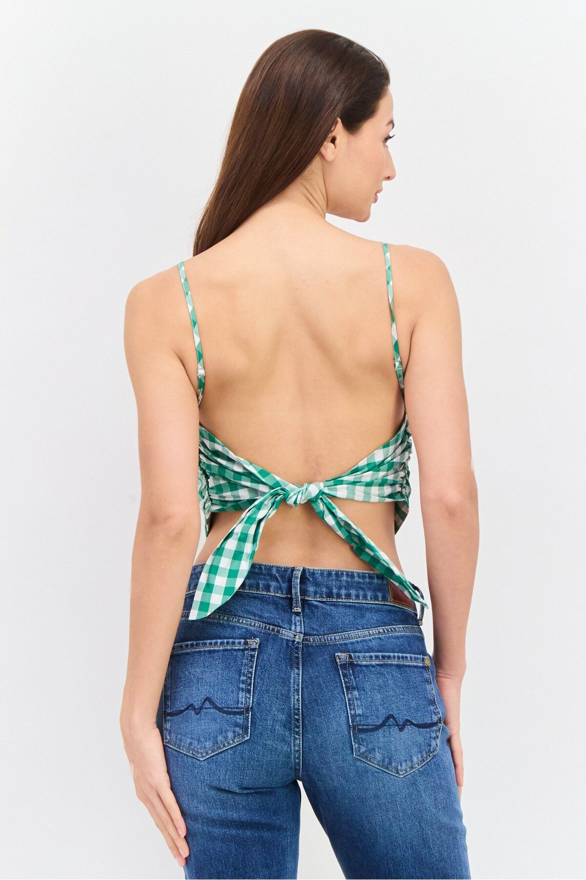 Pepe Jeans-Women Square Neck Sleeveless Checkered Tank Top, Green 3