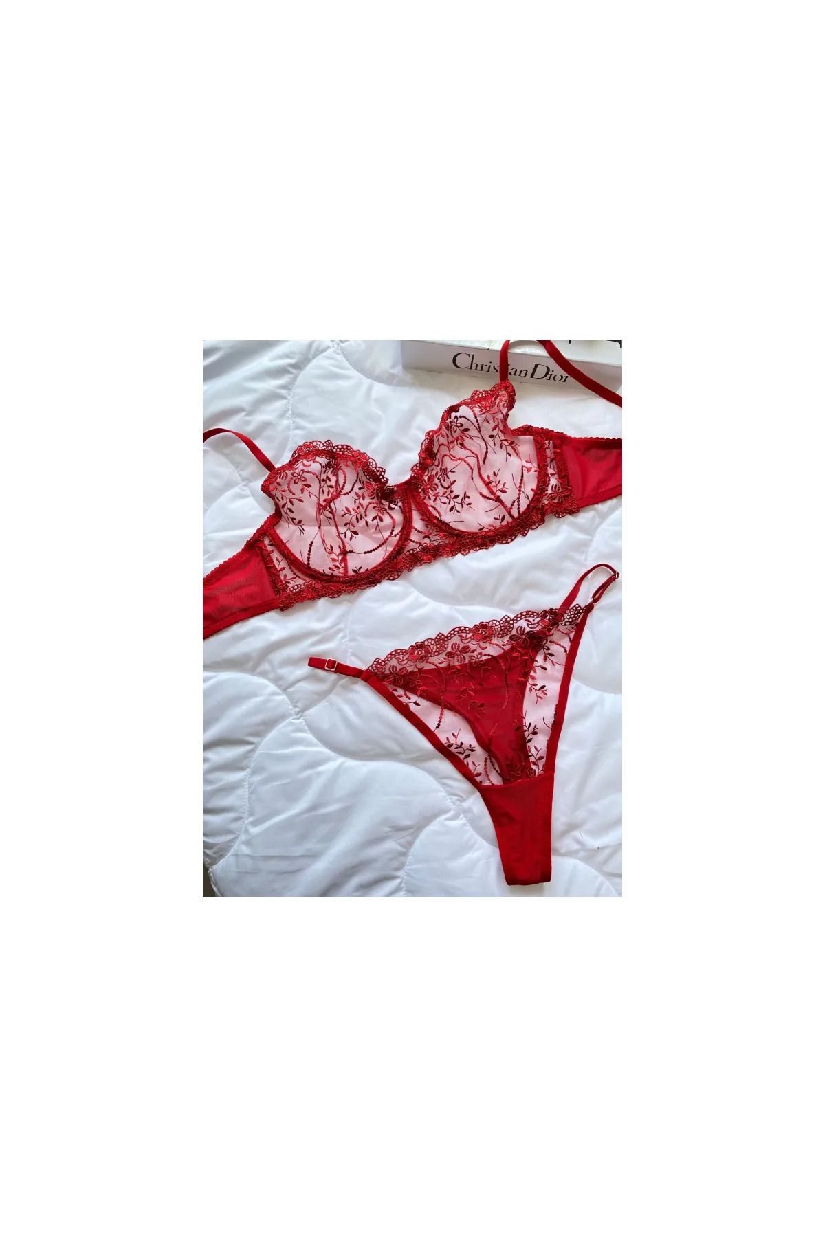 Shy Lola Lingerie Kırmızı Çiçek Desenli Balenli Sütyen Tanga Takım