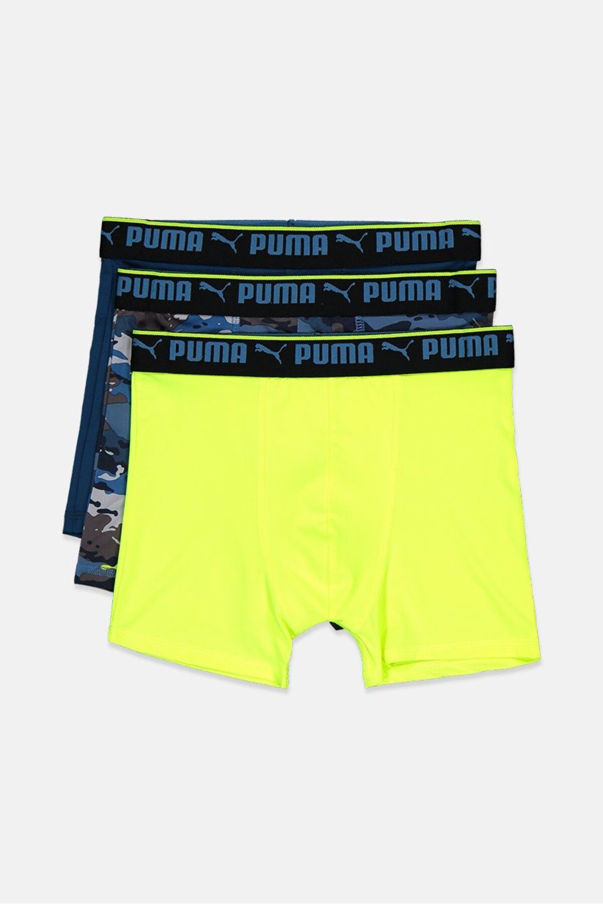 Puma-Kids Boy 3 Pieces Emboidered Logo Boxer Brief, Blue Camo and Teal and Neon Green 3