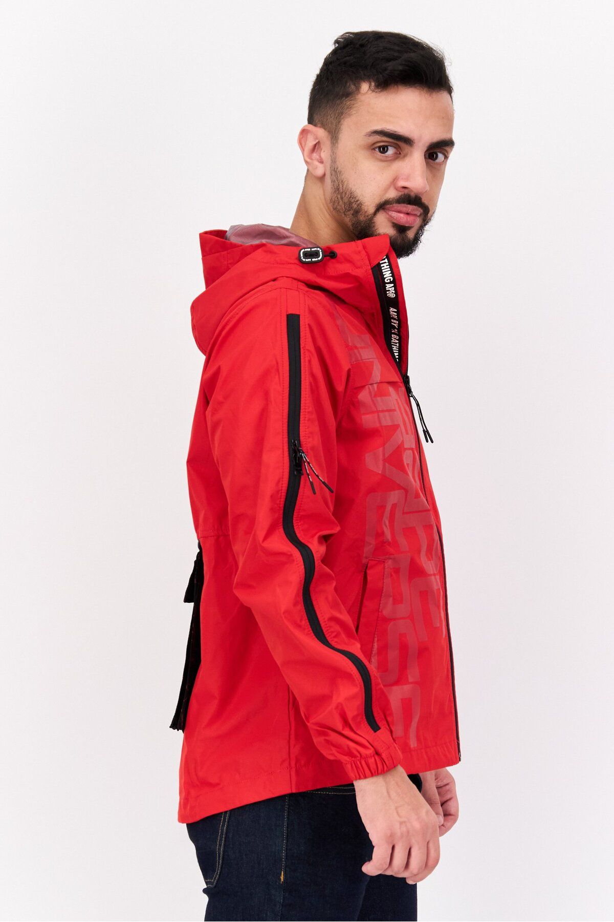 Aape By A Bathing Ape-جاكيت رجالي بغطاء رأس وطبعة جرافيكية، أحمر 3
