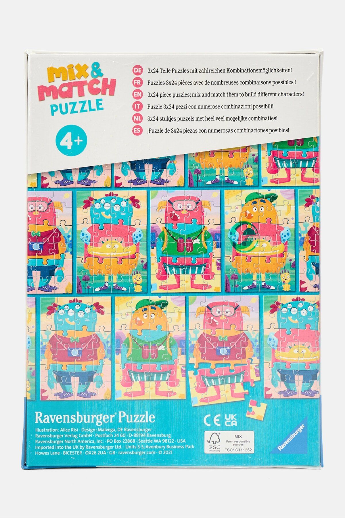 RAVENSBURGER-3 × 24 قطعة من ألغاز الوحوش المضحكة المختلطة والمطابقة، باللون الأزرق المخضر 2