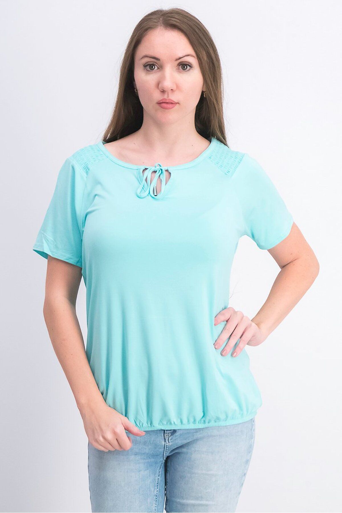 Tchibo-Women Boat Neck Plain Short Sleeve Blouse, Aqua 1