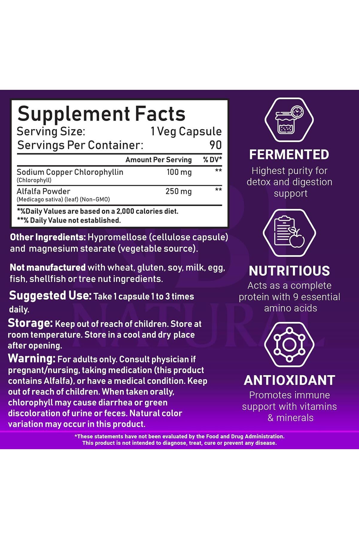 NBL Natural-, Chlorophyll 100 mg with Alfalfa Powder, Green Superfood, 90 Veg Capsules 4
