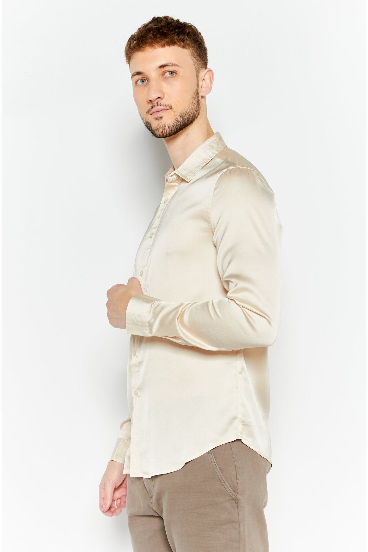 Asos Design-Men Regular Fit Long Sleeve Plain Casual Shirt, Beige 4