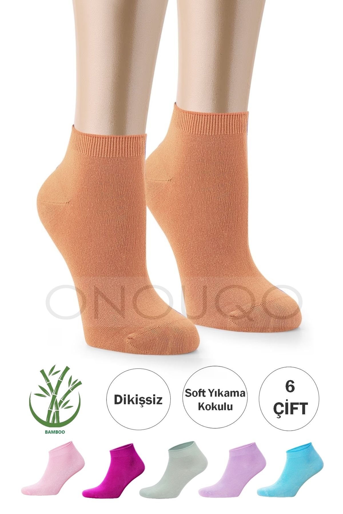 Onouqo Kadın 6 Çift Renkli Dikişsiz Soft Yıkama Kokulu Bambu Çorap Seti ( Organic Pamuk )