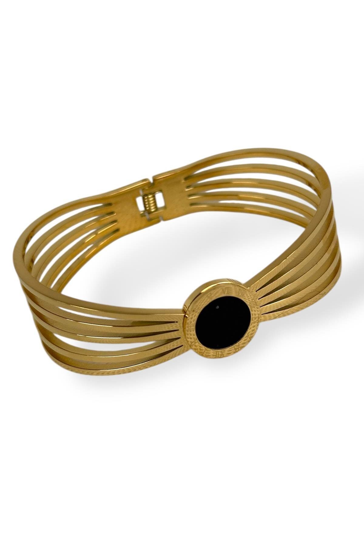 TAKIŞTIR-Gold Color Roman Numeral Figured Steel Handcuff Bracelet 1