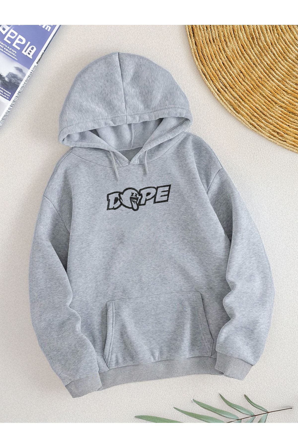 De Carte DOPE Baskılı Düşük Omuz Mevsimlik Kapşonlu Unisex Sweatshirt