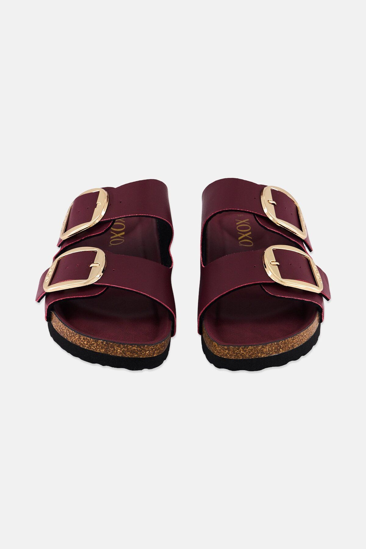 XOXO-Women Big Buckle Slip On Slide Slipper, Maroon 4