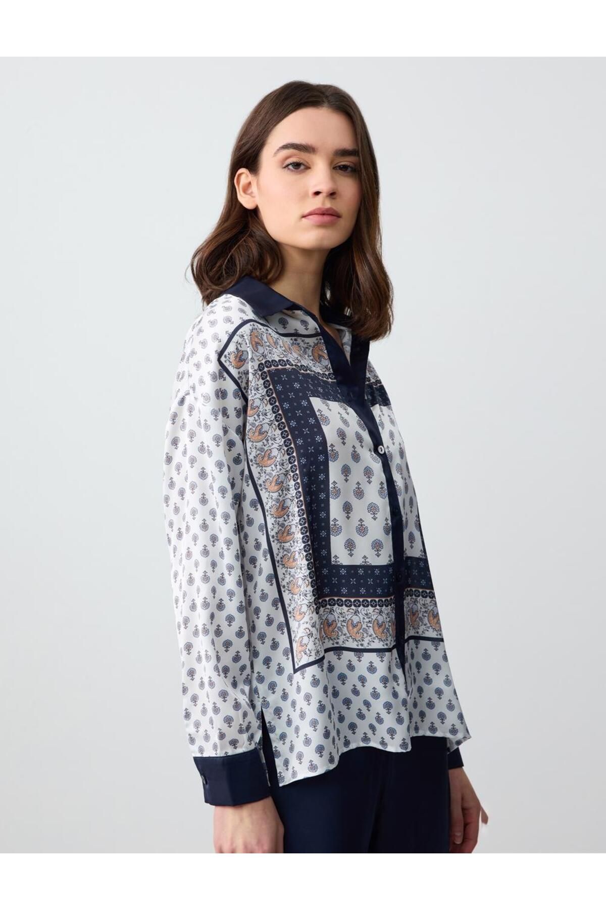 Jimmy Key-Patterned Straight Cut Ethnic Patterned Woven Satin Shirt 4