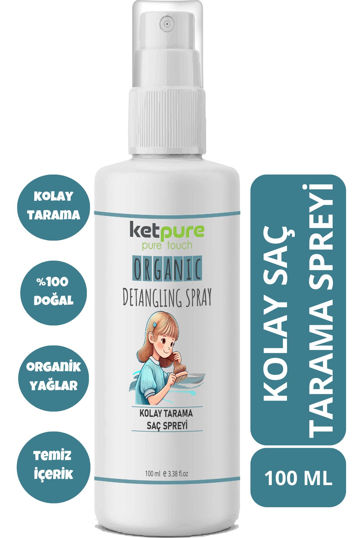 ketpure Doğal ve Organik Kolay Tarama Saç Spreyi – Çocuklar İçin Lavanta ve Hindistan Cevizi Yağlı 100 ML