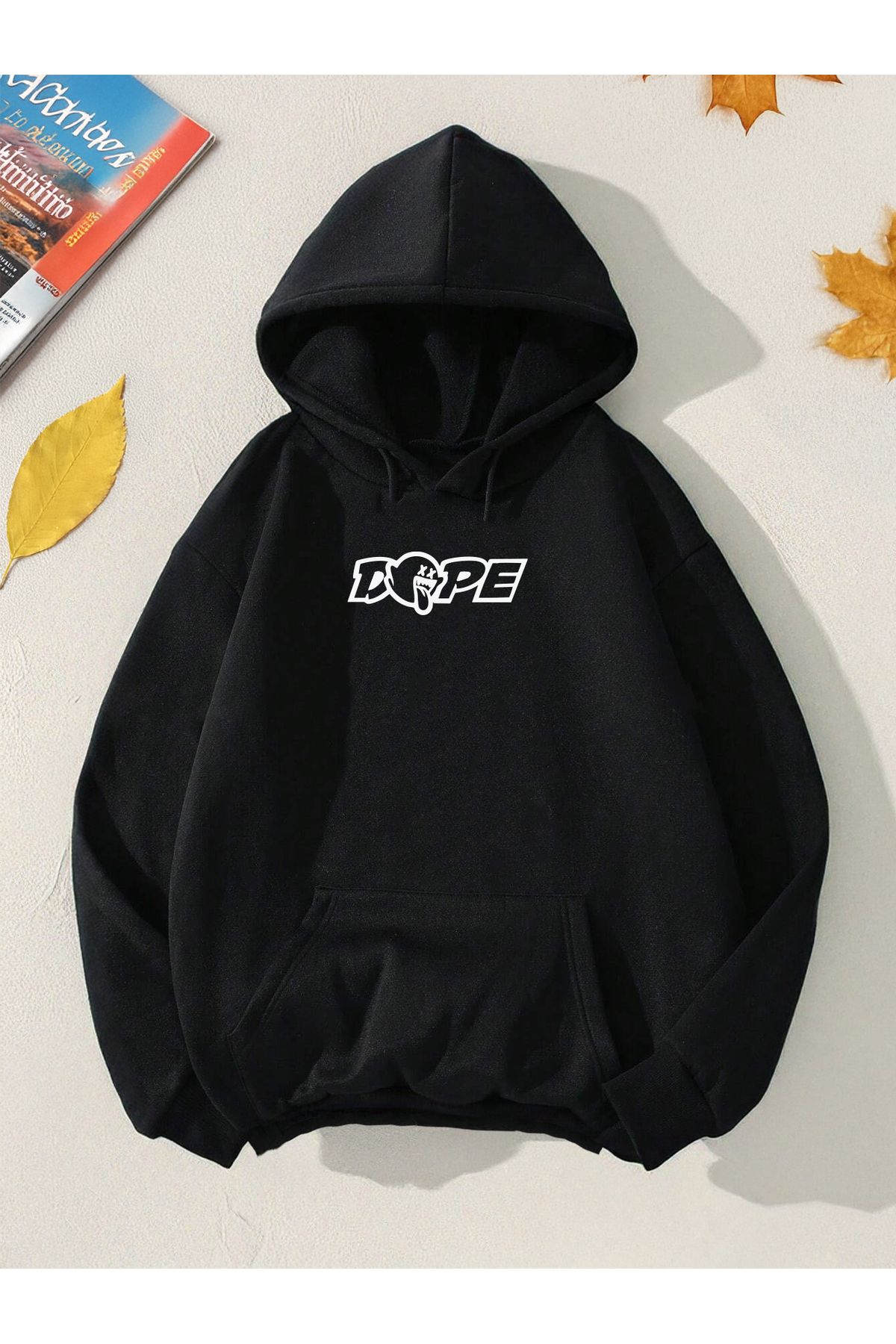 De Carte DOPE Baskılı Düşük Omuz Mevsimlik Kapşonlu Unisex Sweatshirt