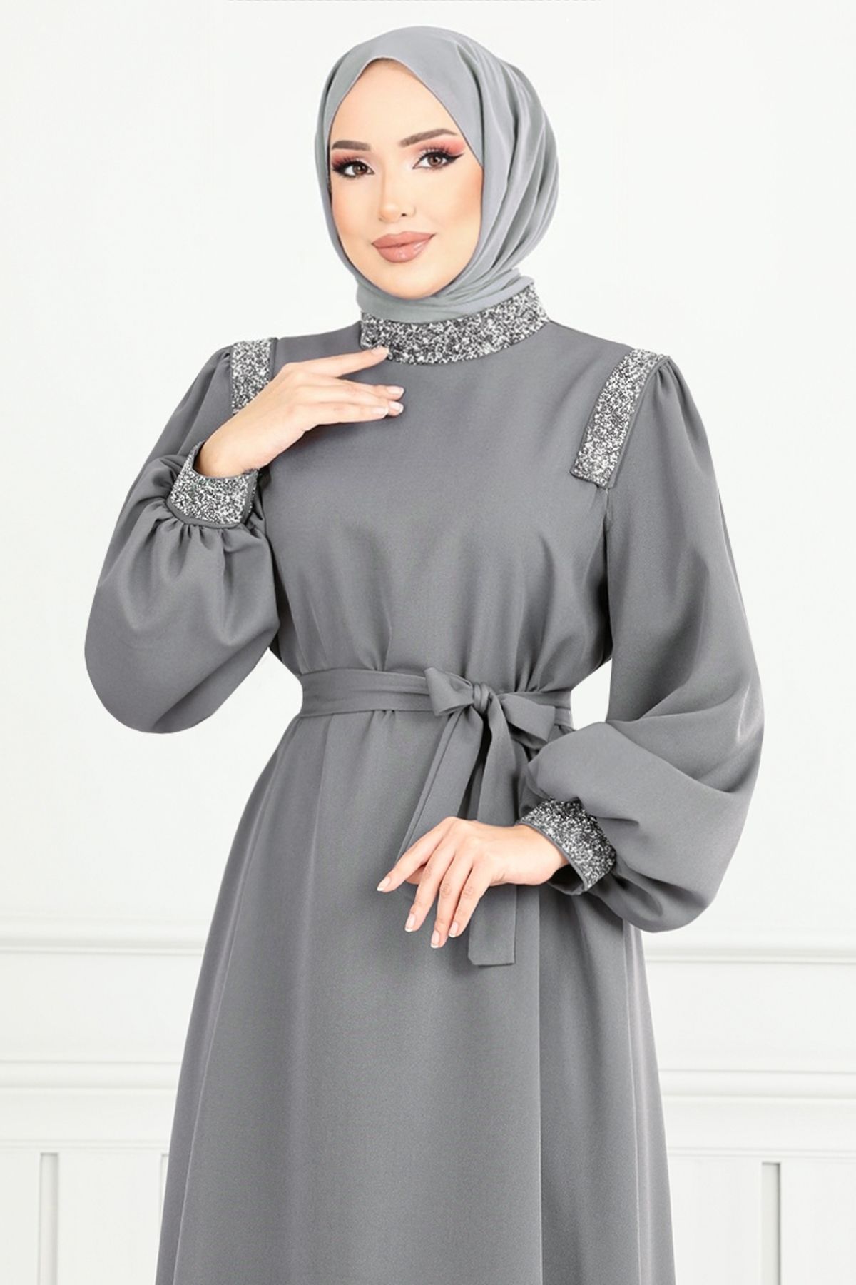 ModaMerve-Anthracite Hijab Evening Dress 5656End900-M with Stone Detail 4