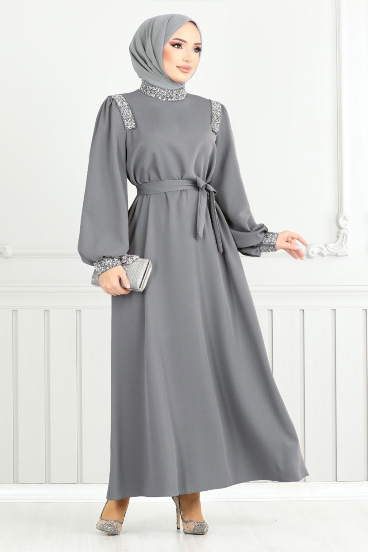 ModaMerve-Anthracite Hijab Evening Dress 5656End900-M with Stone Detail 3