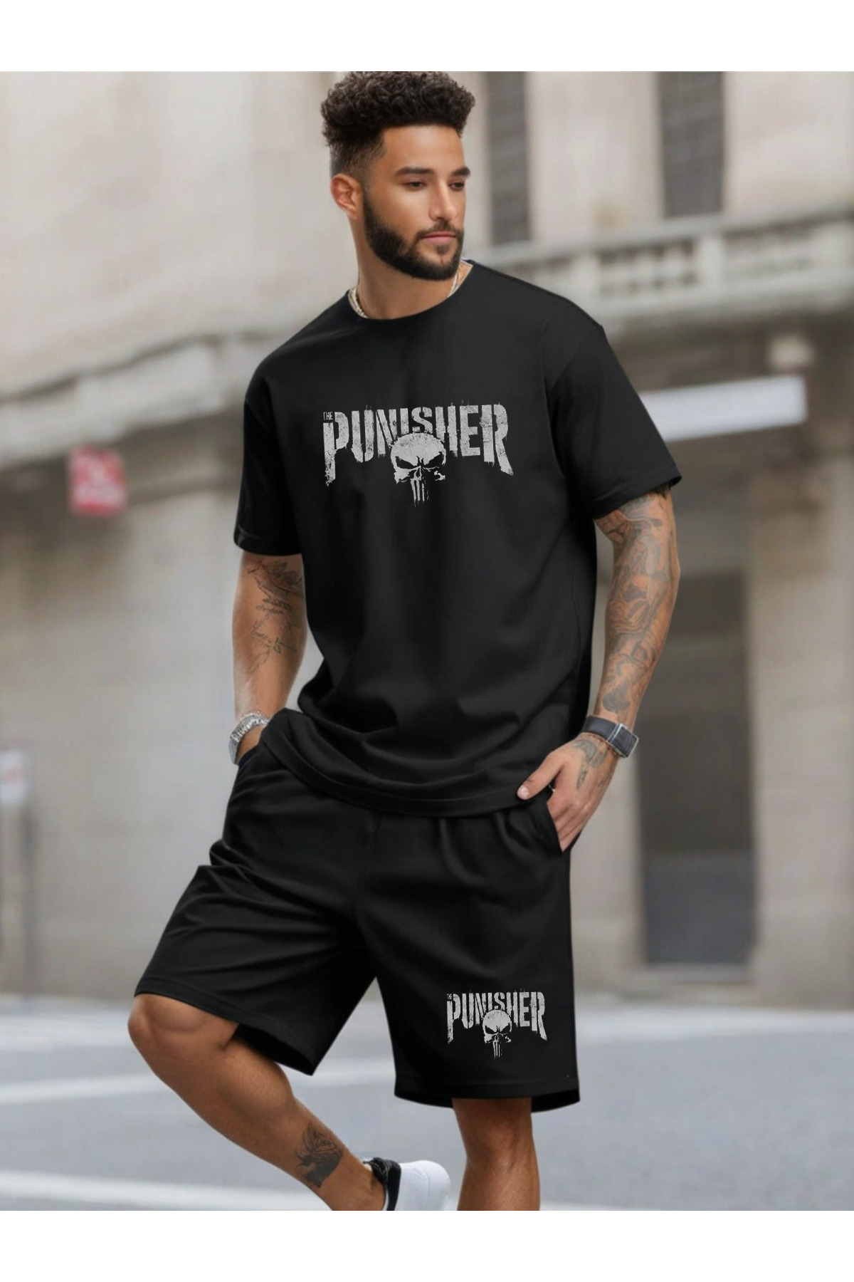 DEEPSENCE-طقم تي شيرت وشورت أسود للرجال مكون من قطعتين - Punisher 3