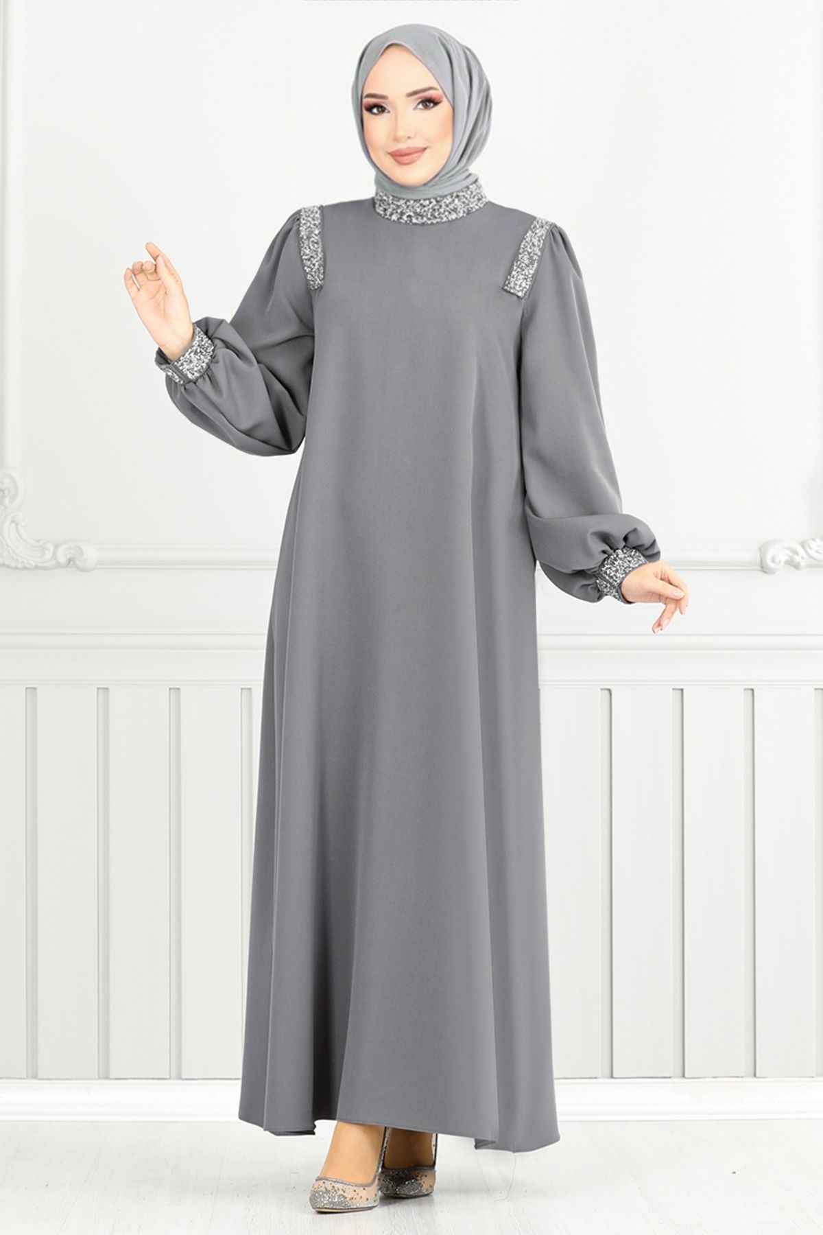 ModaMerve-Anthracite Hijab Evening Dress 5656End900-M with Stone Detail 2