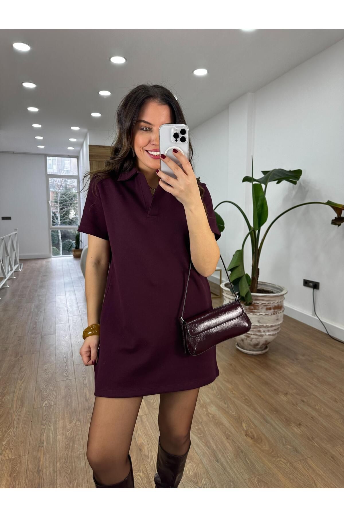 2she Polo Yaka Basic Mini Elbise - Bordo