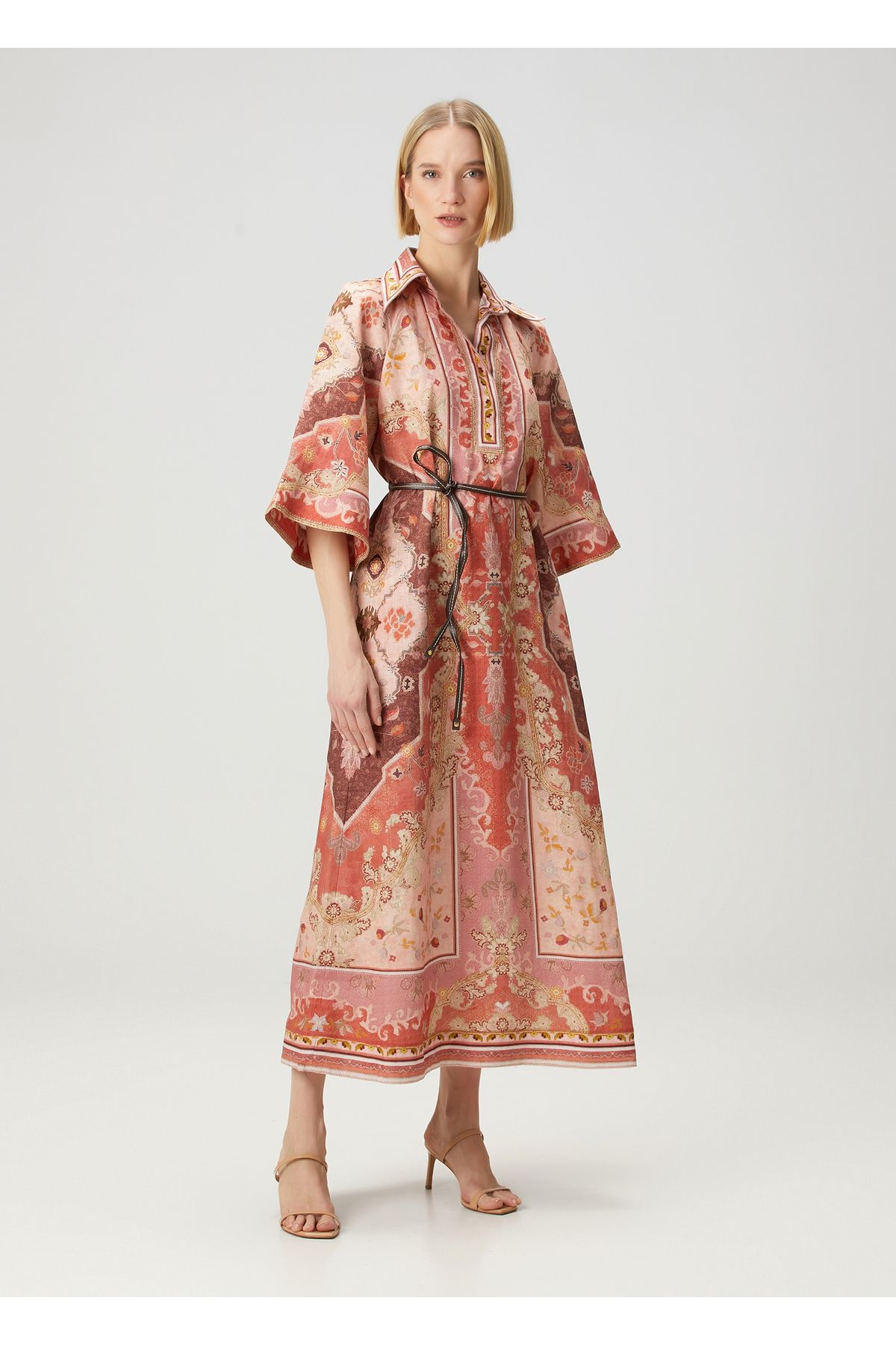 Zimmermann-Wylie Orange Wrap Print Midi Linen Dress Size: 3 2