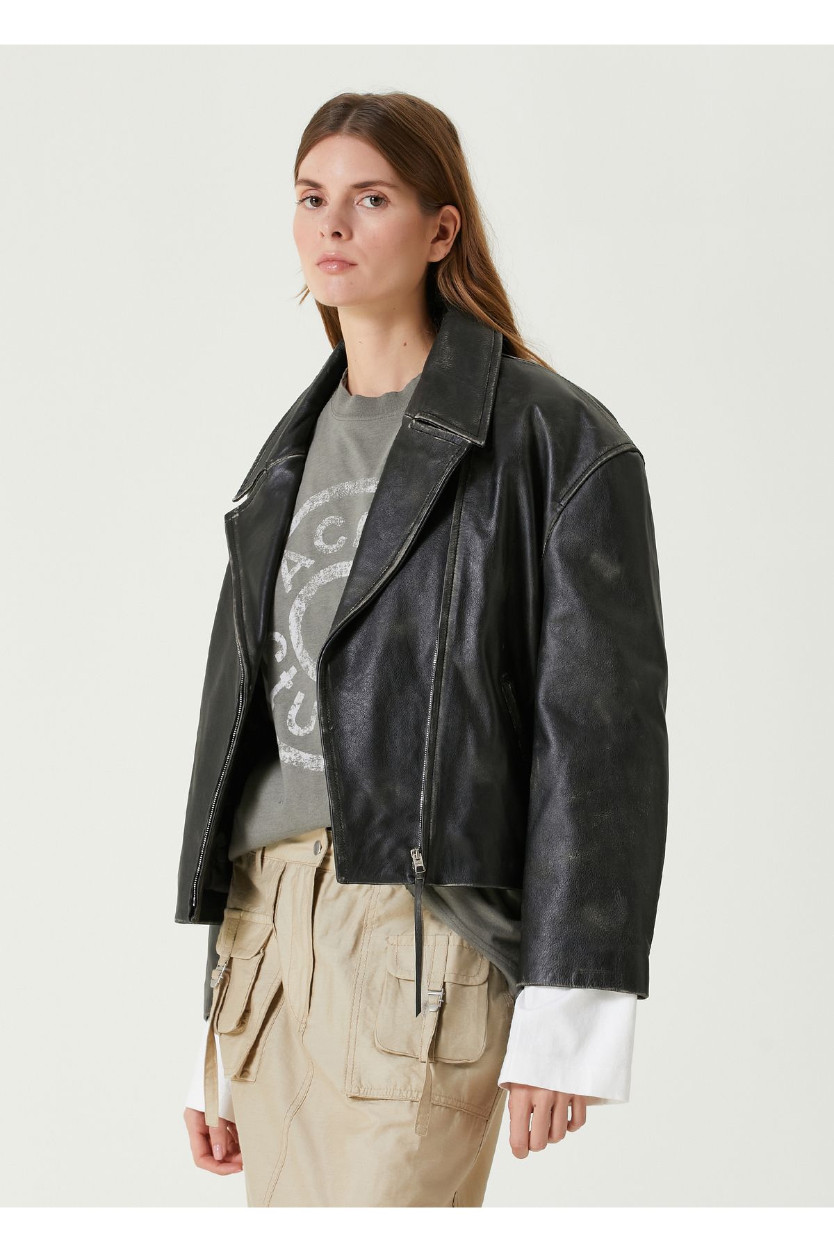 Acne Studios Siyah Kruvaze Deri Biker Ceket Beden: 38