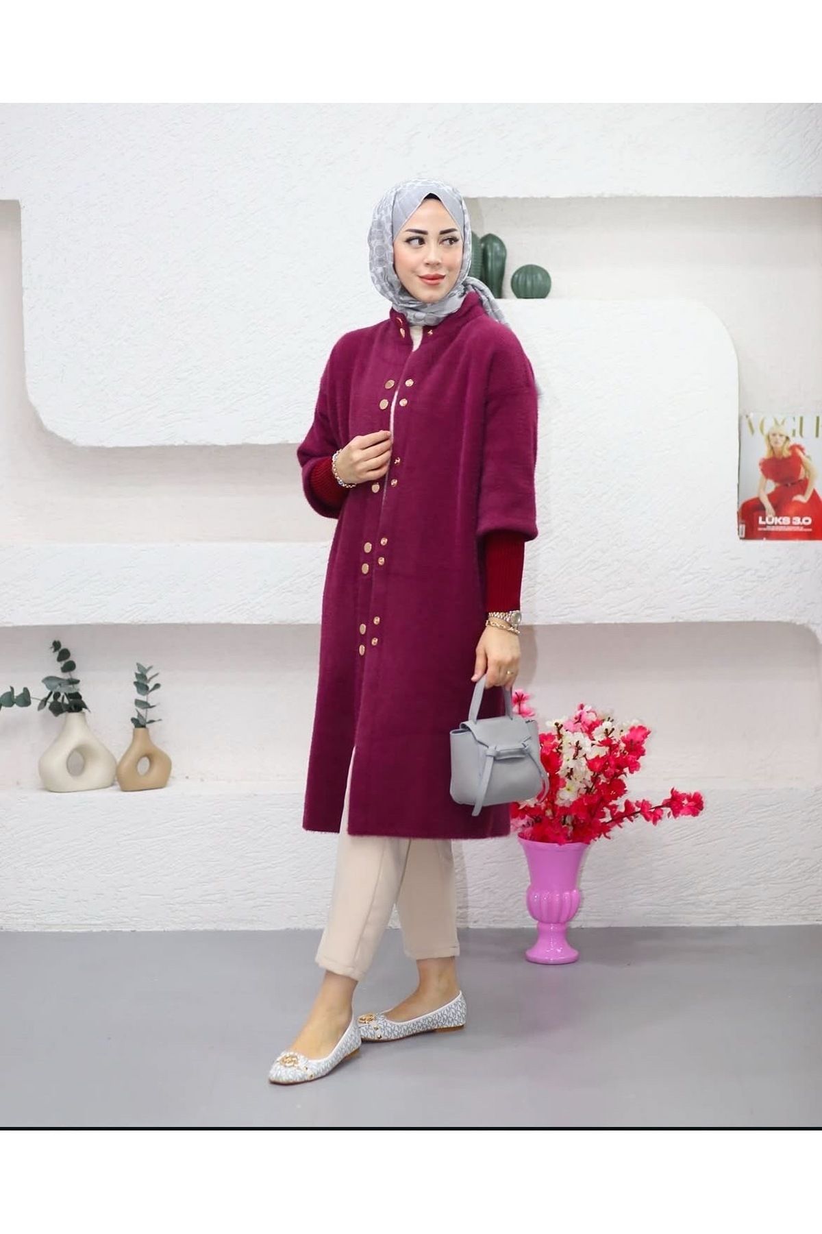 Aknur Moda Çift çıtçıtlı Uzun Angora Kaban Hırka