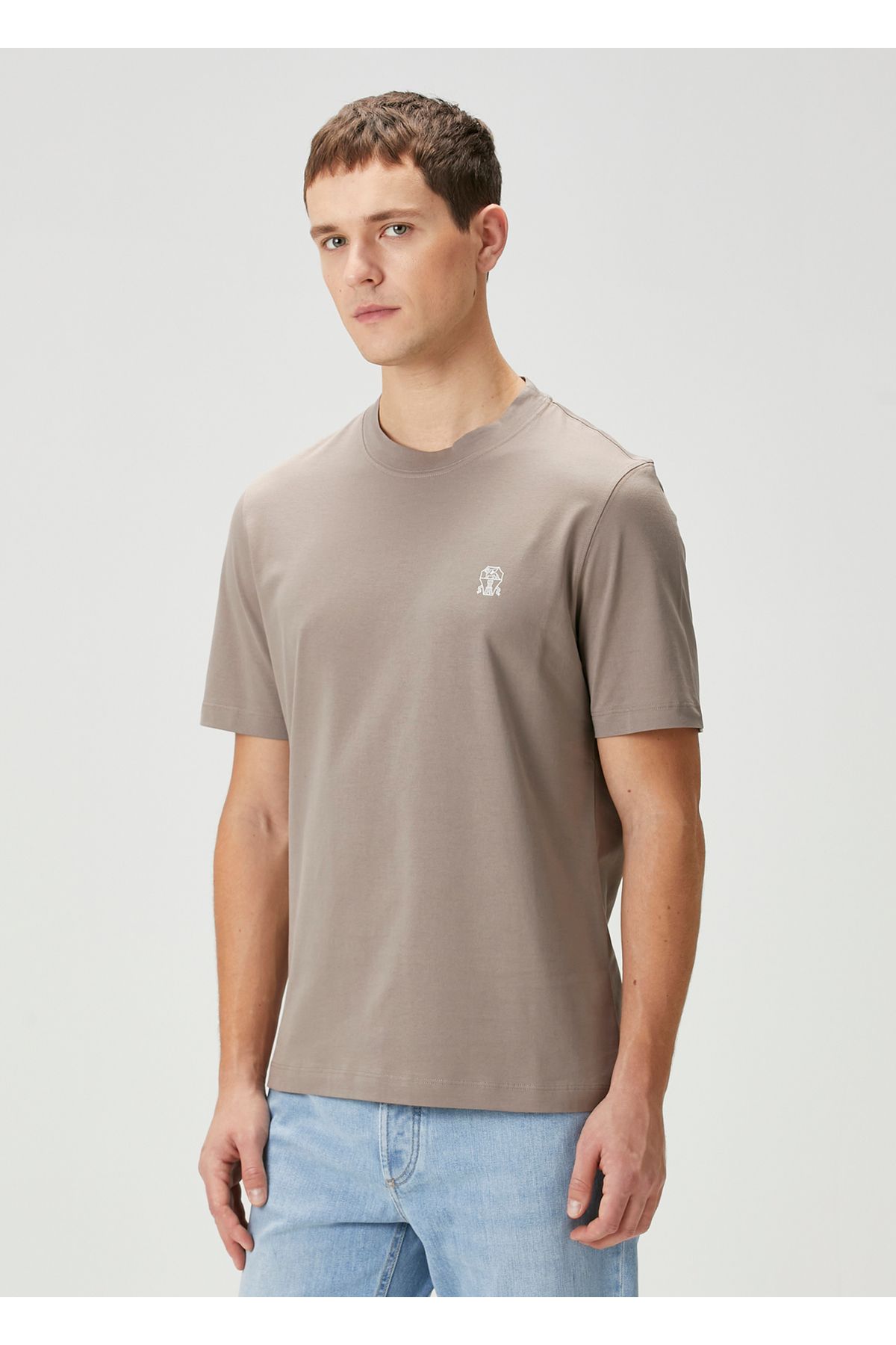 Brunello Cucinelli-Brown Logo Embroidered T-Shirt Size: XL 3