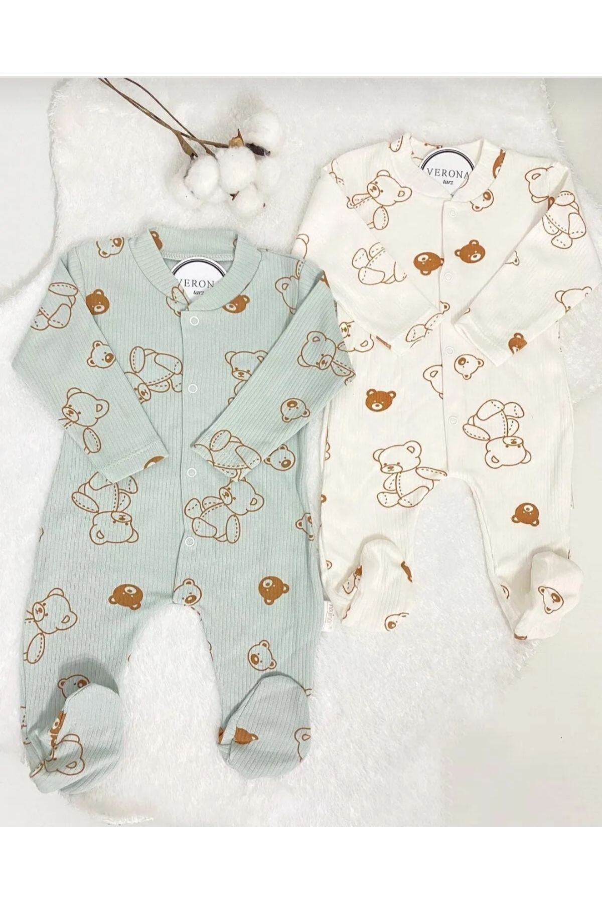 Baby Wings Ayıcık Baskılı Erkek 2'li Tulum Set Takım Mint-Bej