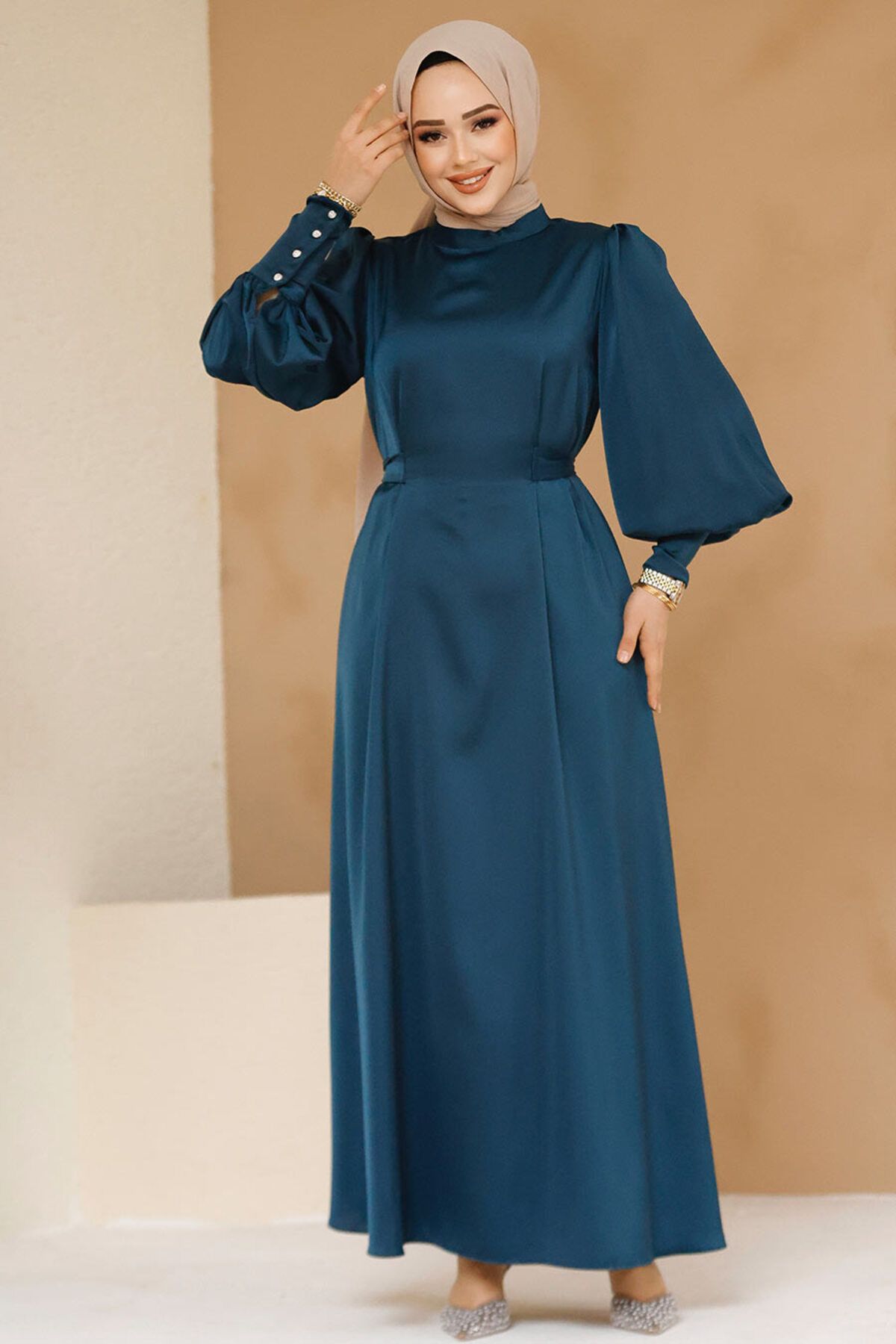 Neva Style-Satin Petrol Green Hijab Evening Dress 61651Py 2