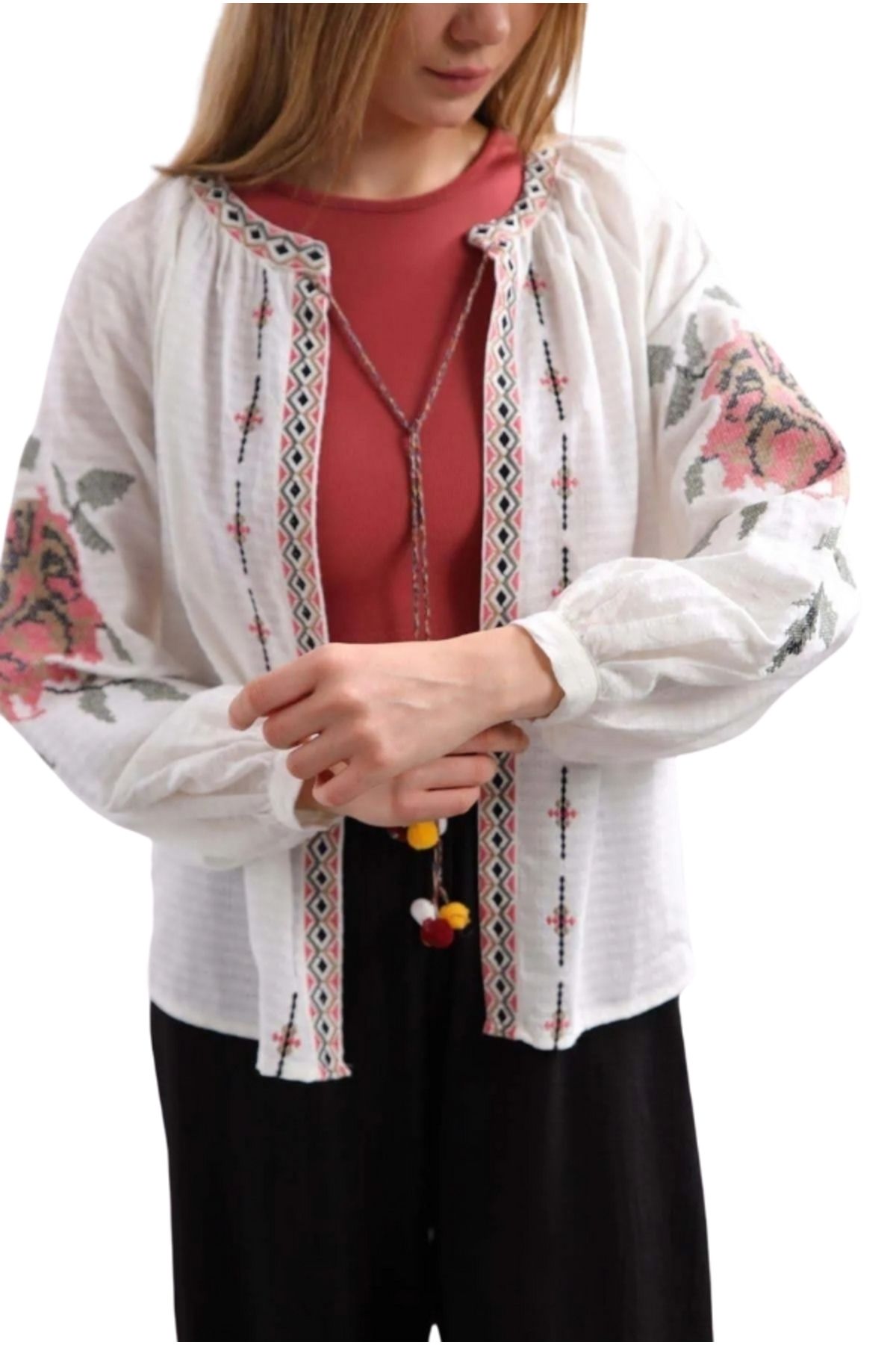 Cassime Bluză De Damă Din In, Cu Broderie Florală, Trandafir Ecru Femeie - S