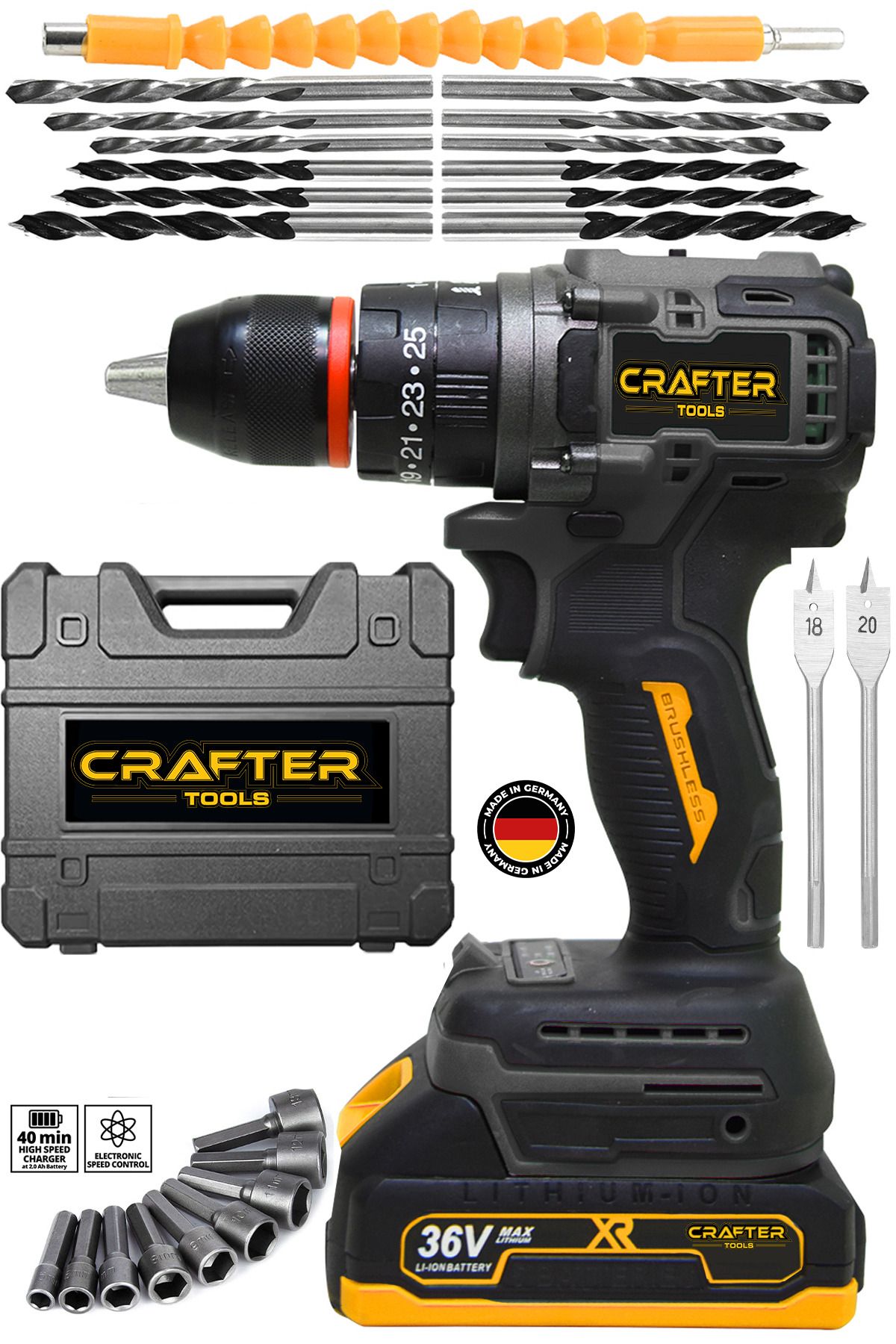 CRAFTERTOOLS 36V 5Ah Kömürsüz Motor Çelik Mandren Akülü Vidalama Darbeli Şarjlı Matkap