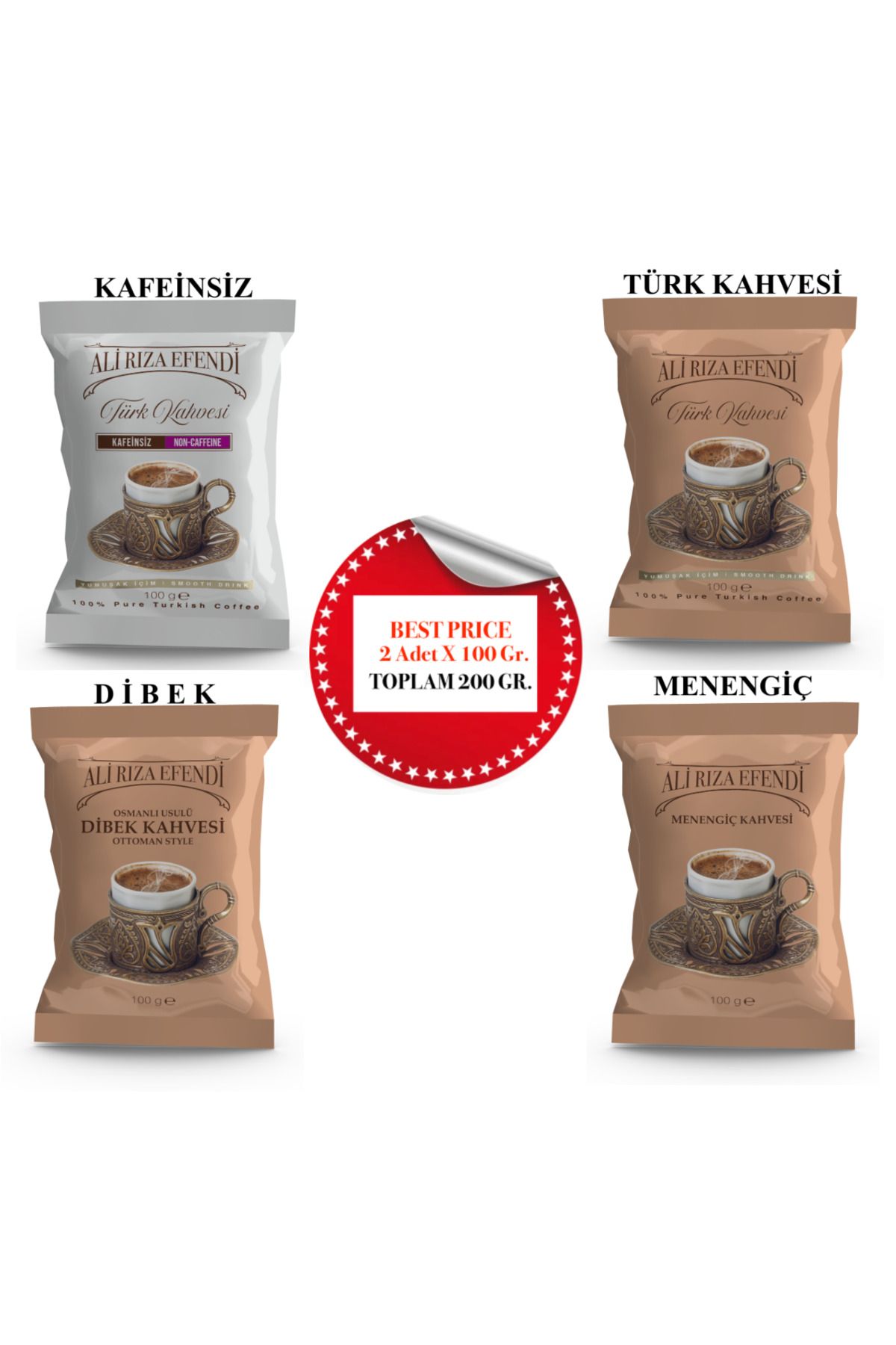 Ali Rıza Efendi Kafeinsiz Türk Kahvesi + Türk Kahvesi + Dibek Kahvesi + Menengiç Kahvesi 400 G ( 100 G X 4 Adet)