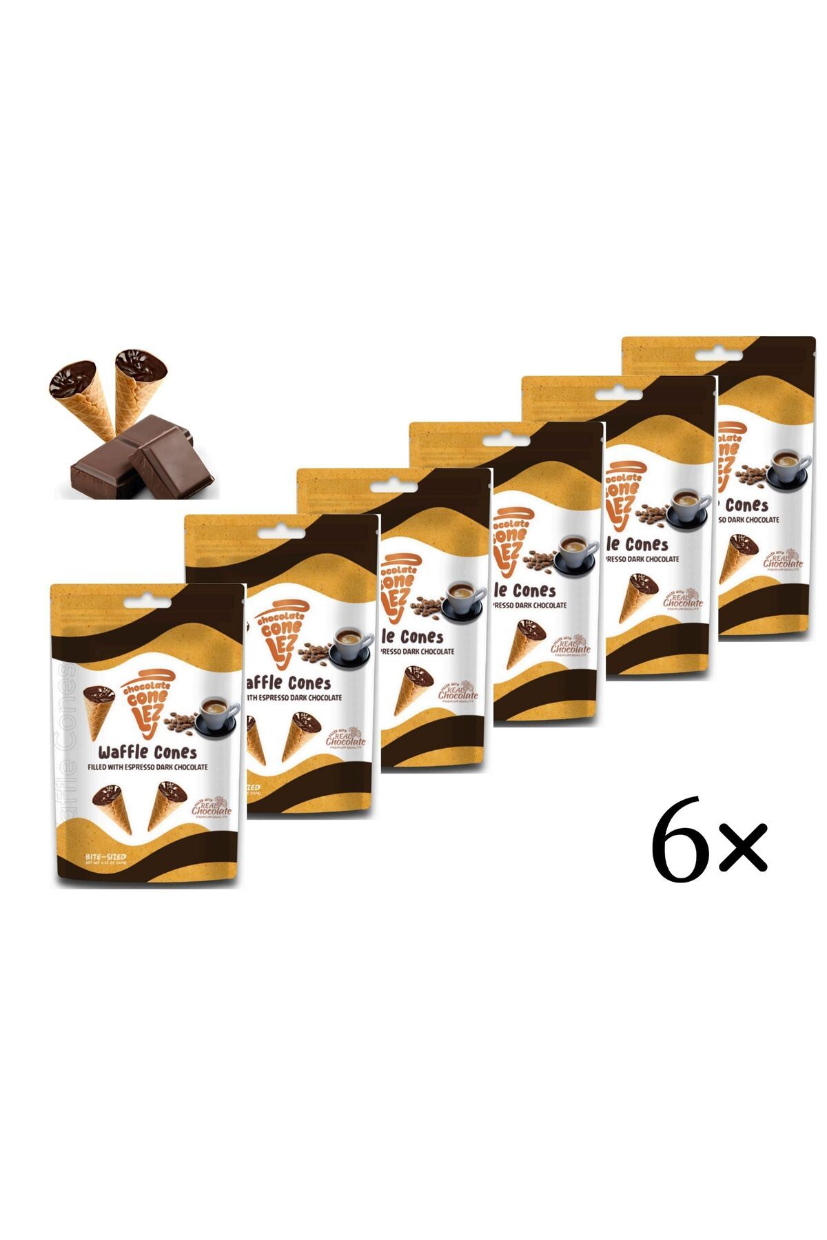 CONELEZ CHOCOLATE Espresso ve Bitter Çikolata Dolgulu Waffle Mini Kornet 6'lı paket 120 gr