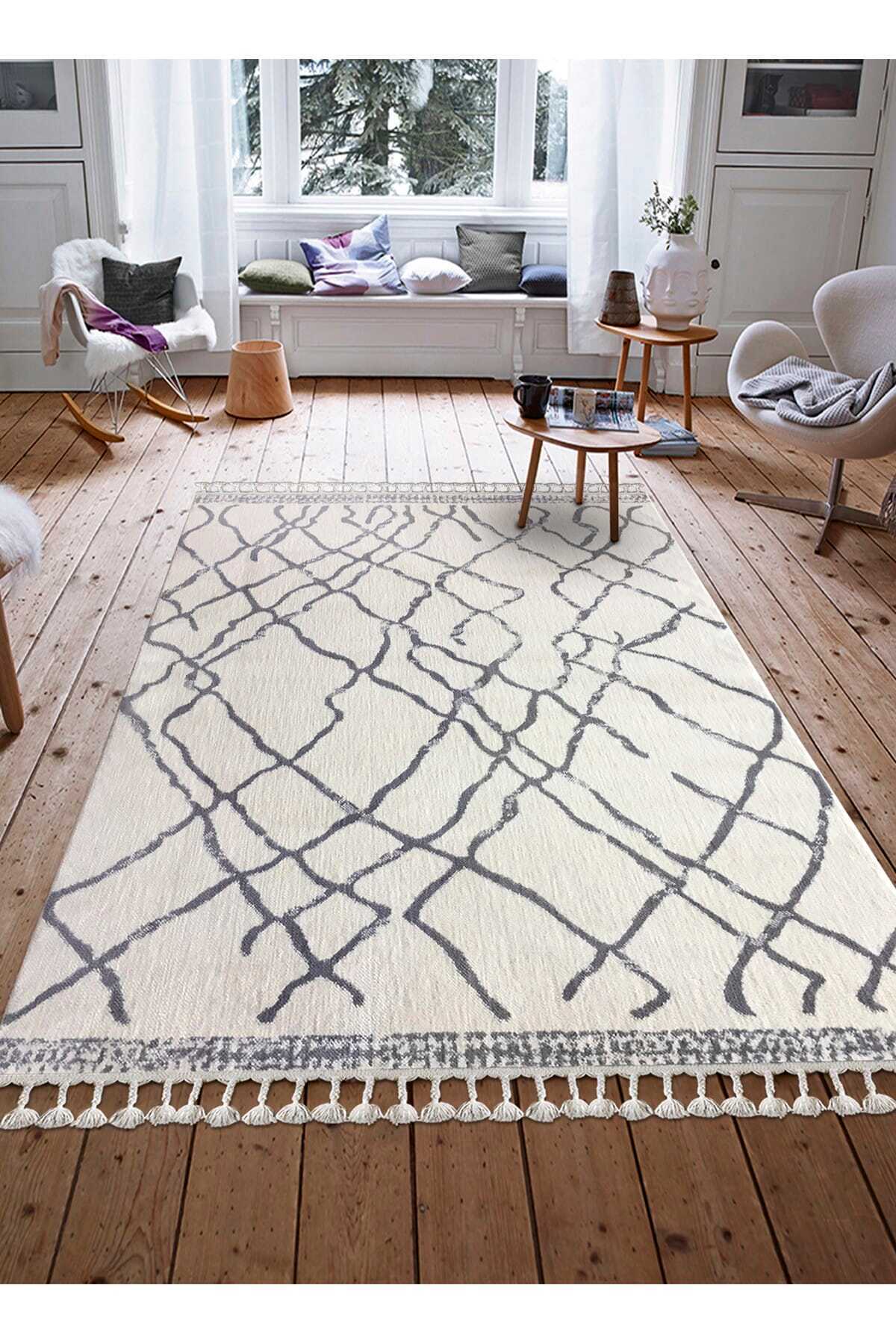 Moroccan 1458A White/Gray Modern Rug with Fringe