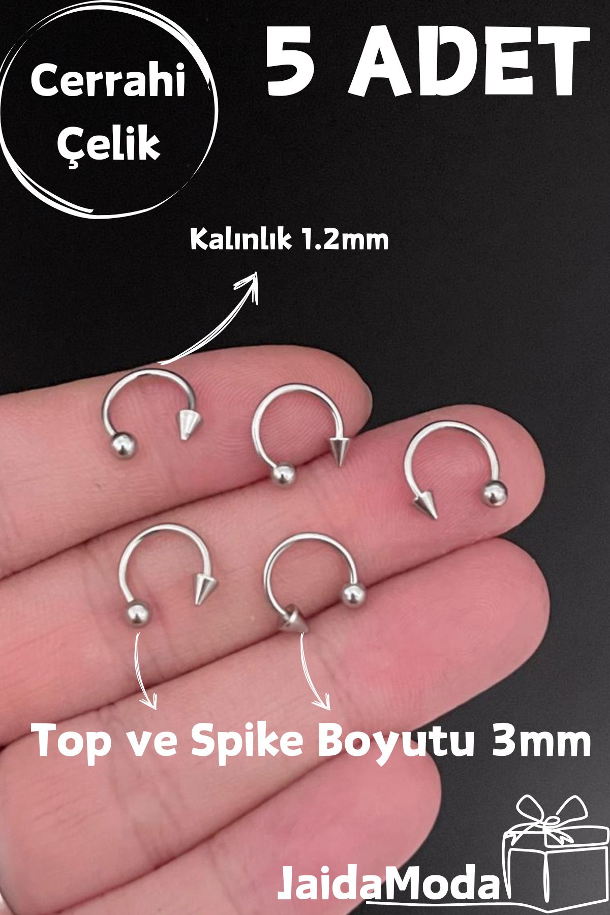 Jaida Moda Cerrahi Çelik Top ve Spike Uçlu 5'li Set Septum Piercing