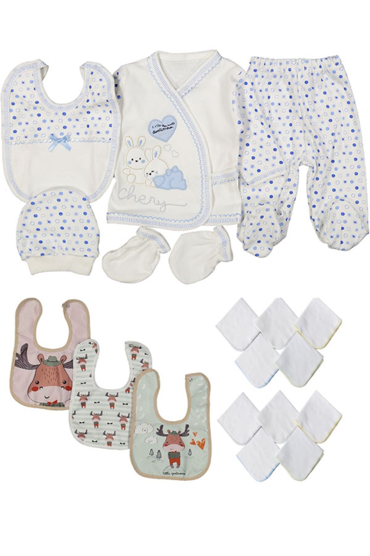 Baby Bakkal HEDİYELİK SET ( 5 Lİ YENİDOĞAN SET + 3 ADET ÖNLÜK + 10 ADET MENDİL )