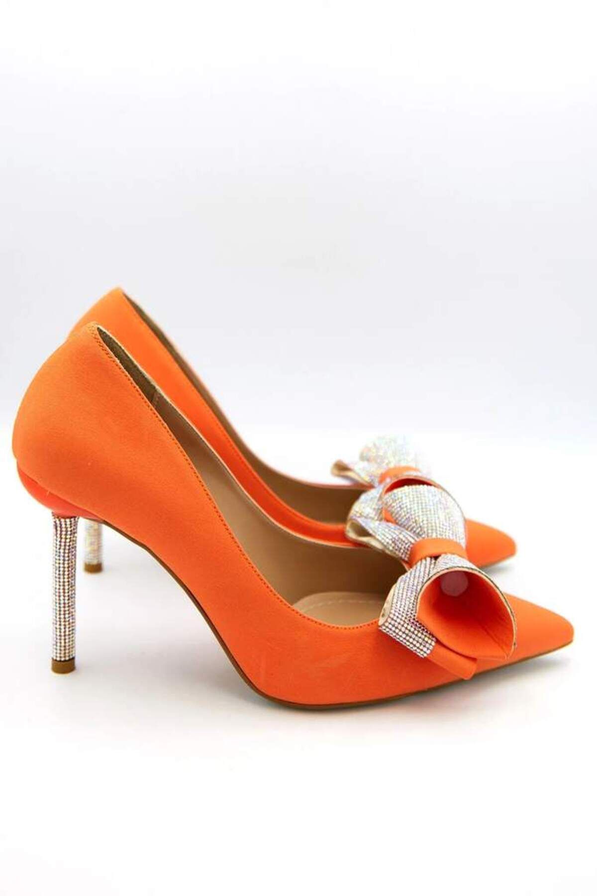 lescarpe-Orange Matte Satin Bow Stone Detailed Stiletto Heeled Evening Shoes 2