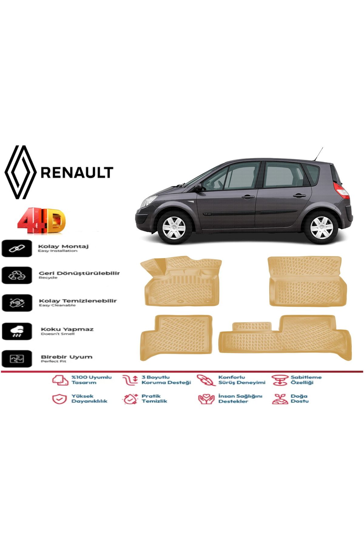 ko kaliteoto Renault Scenic 2 2007 Model Uyumlu Bej Paspas Takımı