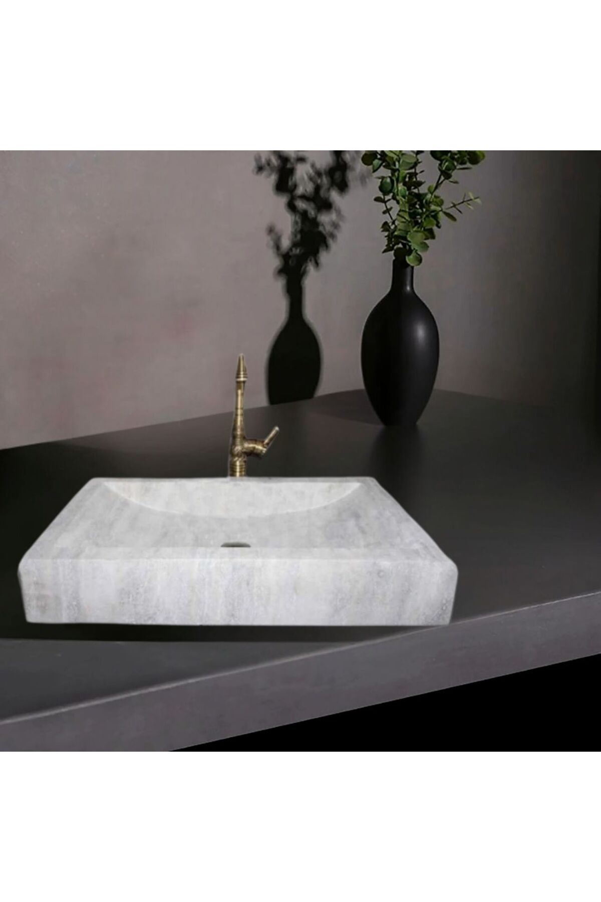 entrend11 Feza Gümüş Traverten Modern Kare Lavabo-173